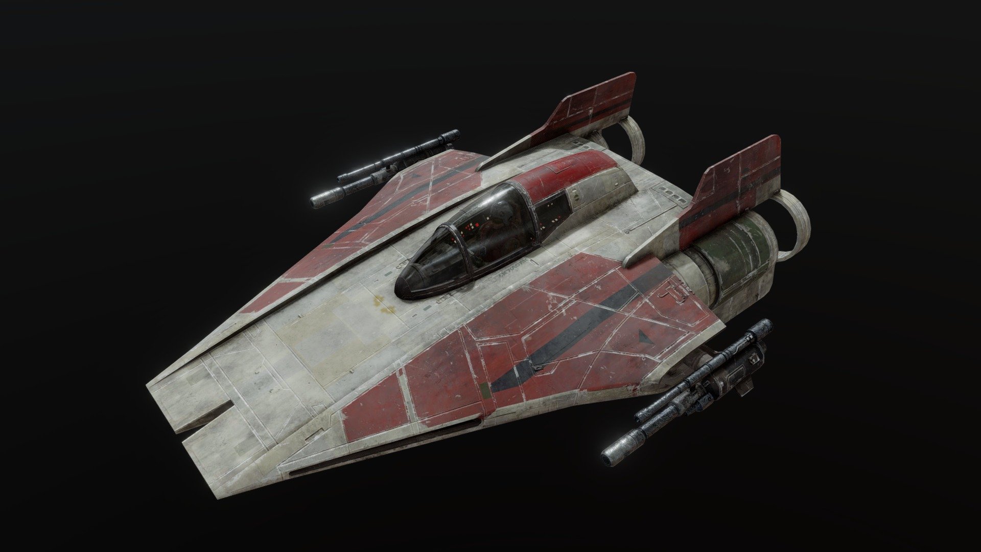 Very happy with this one- a low poly pbr model of an A-wing, somewhere in between the Star Wars: Rebels and Return of the Jedi versions, complete with a low detail cockpit interior and pilot, and some of my best textures yet. The overall proportions and colorscheme are inspired by Rebels, but the engine tips, split nose and laser cannons are more like RotJ– really this design could go anywhere in the post-Clone Wars timeline.

The glass material uses the same textures as the hull, so if you had a huge fleet and wanted to improve performance, you can apply the hull material to the whole thing to have opaque black shiny glass, and then you could delete the pilot too to save on his material. On the other hand, if you want to get fancier and add some refraction to the glass, the glass pieces are their own separate elements, so it is easy to select them and add a little bit of thickness with a shell/solidify modifier in your 3D software of choice. Some lights in the engines will also make it look fancier. Enjoy! - Star Wars A-wing (Rebels/RotJ design cross) - Buy Royalty Free 3D model by Robear (@xiaorobear) 3d model