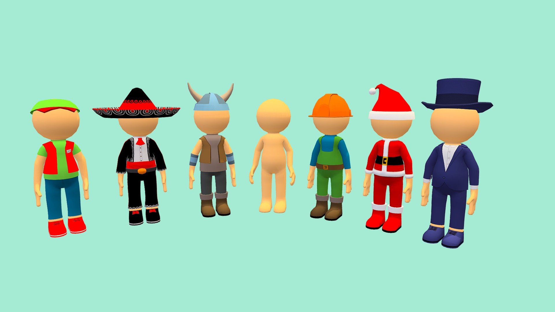 This asset contains a pack of hyper-casual characters
The pack includes: Cashier, Worker, Mexican, Viking, Suit Man, Santa Claus and Standard Stickman Model.
All characters have an attached humanoid skeleton.
Model has 13 animation: hit, death, idle, idle_hello, punch, walk, walk_RM, jump, jump_forward, run, run_RM, run_jump, run_jump_RM
All characters support humanoid animation which you can get from other sources. Such as mixamo.com
Models have an average of 4500 triangles
If you have any questions, please contact us by mail: Chester9292@mail.ru - Hyper-Casual Stickman Pack - Buy Royalty Free 3D model by Rifat3D 3d model