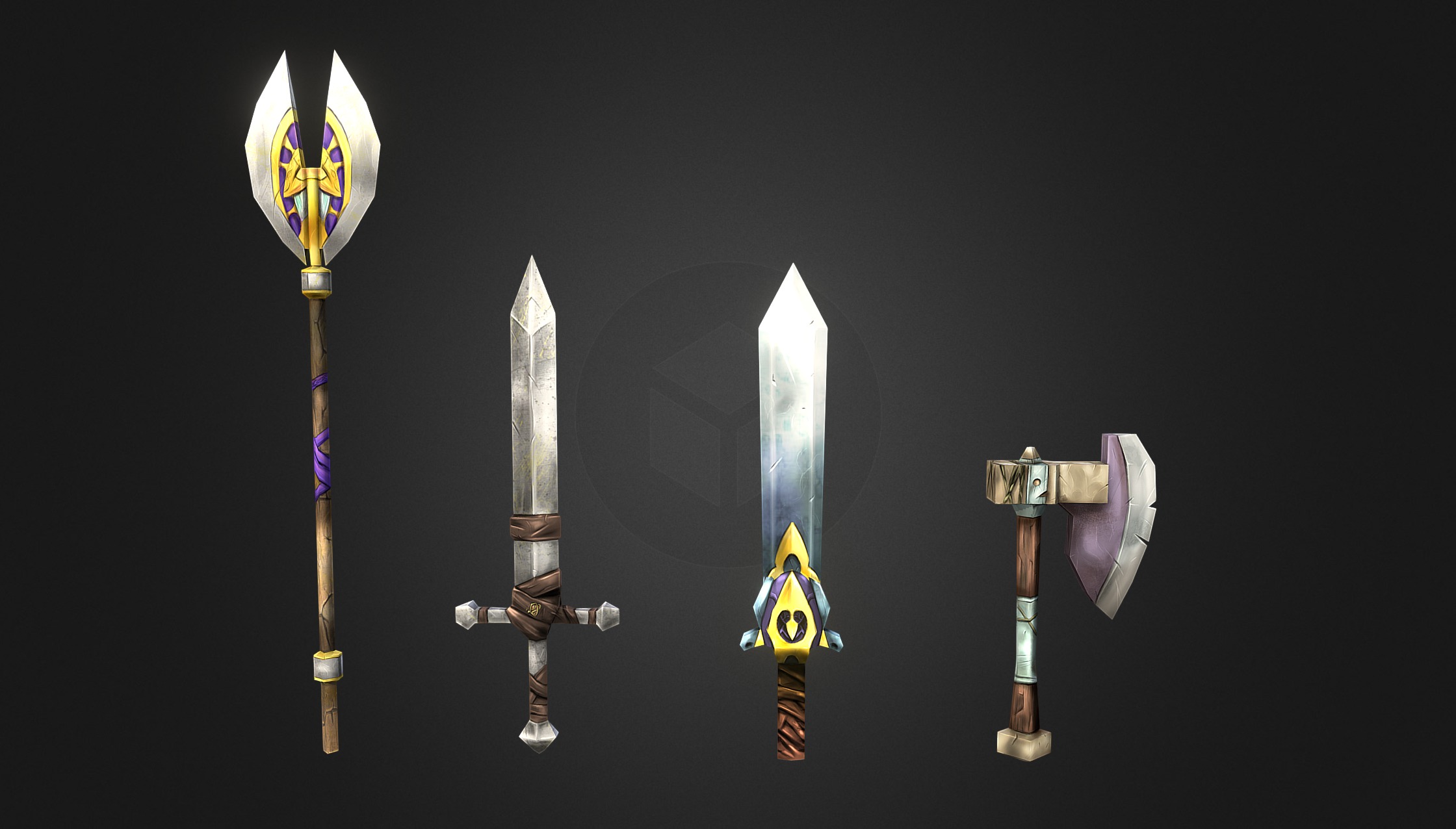 Hand Painted Sword Vol.1

 Features:


- Axe 1 - 180 tris 


- Axe 2 - 204 tris 


- Sword 1 - 202 tris 


- Sword 2 - 146 tris 


The set is available for download Asset Store - Hand Painted Weapons Vol.3 Swords,Axe - 3D model by LowlyPoly 3d model