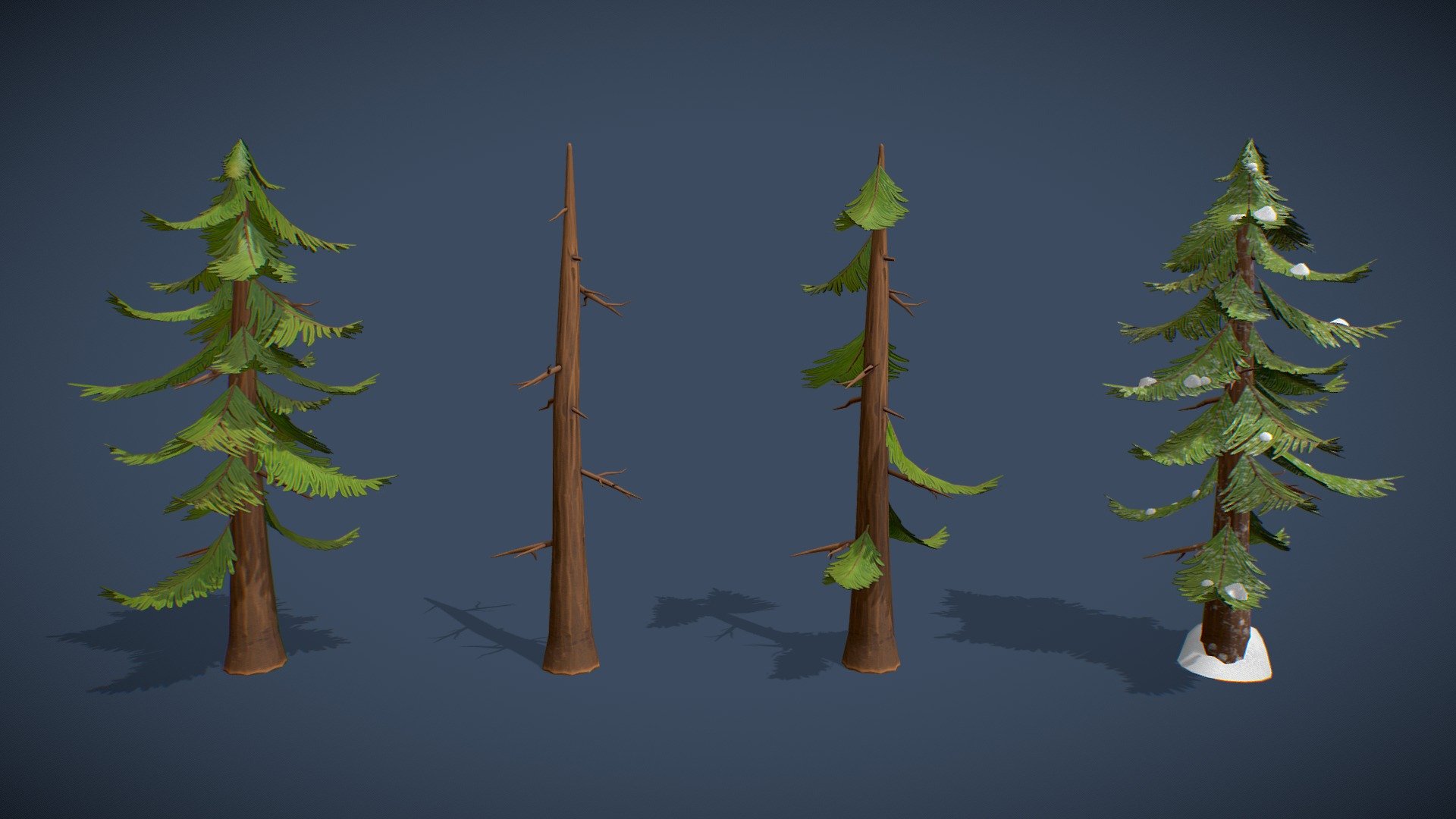 A Package of Stylized Pine Trees with Stylized PBR Textures. Including, Pine Trunk, Snowy Pine Tree, Pine Tree and Pine With Few Leaves. Suitable for any scene. Ready to use in any project.

Are you liked this model? Feel free to take a look on my another models! Here

Features:

.Fbx, .Obj, .Uasset and .Blend files.

Low Poly Mesh game-ready.

Real-World Scale (centimeters).

Unreal Project: 4.20+

Custom Collision for Unreal Engine (Handmade).

Tris Count: 9,226.

LODs.

Pine Tree With Few Leaves
LOD0: 1,803 Tris.
LOD1: 692 Tris.

Pine Trunk
LOD0: 1,575 Tris.
LOD1: 620 Tris.

Pine Tree
LOD0: 2,525 Tris.
LOD1: 979 Tris.

Snowy Pine Tree
LOD0: 3,323 Tris.
LOD1: 1,134 Tris.

Number of Textures:10

Number of Textures (UE4/UE5): 6

PBR Textures (2048x2048) (PNG).

Type of Textures: Base Color, Roughness, Metallic, Normal Map and Ambient Occlusion (PNG).

Combined RMA texture (Roughness, Metallic and Ambient Occlusion) for Unreal Engine (PNG) 3d model