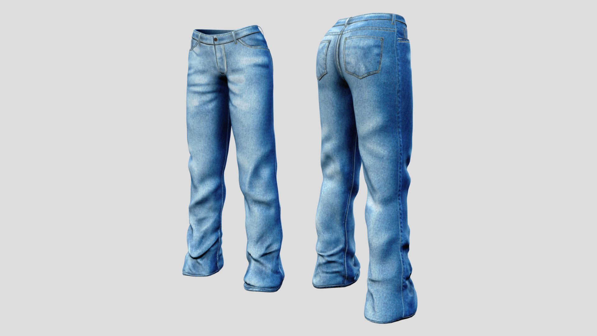Can fit to any character, ready for games

Quads, Clean Topology

No overlapping unwrapped UVs

Baked Diffuse Texture Map (Baked Albedo)

Normal, Shadow and Specular Maps

FBX, OBJ

PBR Or Classic - Wide Leg Jeans Pants - Buy Royalty Free 3D model by FizzyDesign 3d model