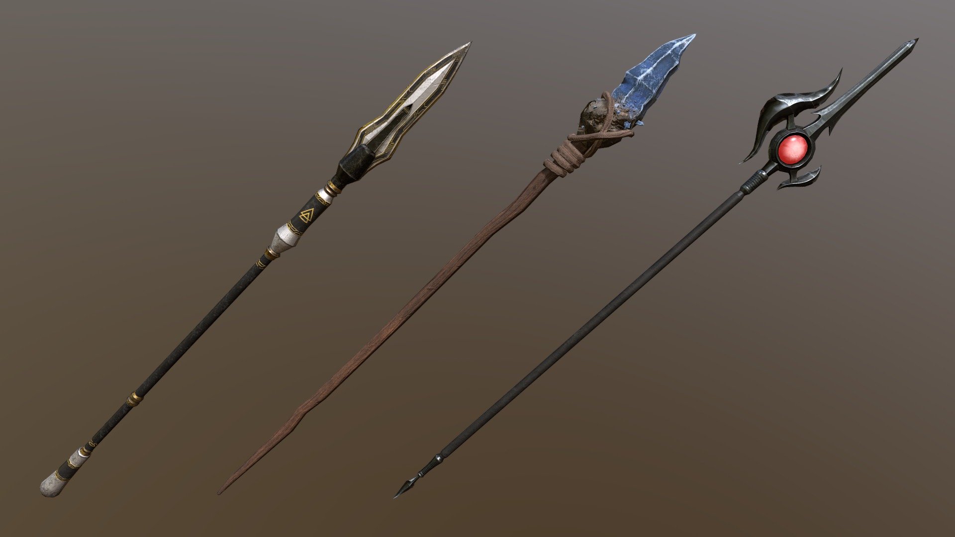 After modelling an environment for my last project, I decided to focus on props this time. I pushed my modelling skills by attempting different spear designs, incorporating shapes that went beyond the typical box-shape. Spear B (middle) was especially challenging given its organic nature, so it was an opportunity to practice sculpting in ZBrush.

I established themes for each spear to ensure each deisgn was unique:
Spear A (left) - Science Fantasy (inspired by the Prime weapons of Warframe)
Spear B (middle) - Primitive
Spear C (right) - Magic

Tri Count:
Spear A - 986
Spear B - 1072
Spear C - 1498

Modelled in Maya
Sculpted in ZBrush (only Spear B)
Textured in Substance Painter - Spear Designs - 3D model by Dylan Koroivatu (@DylanKoroivatu) 3d model