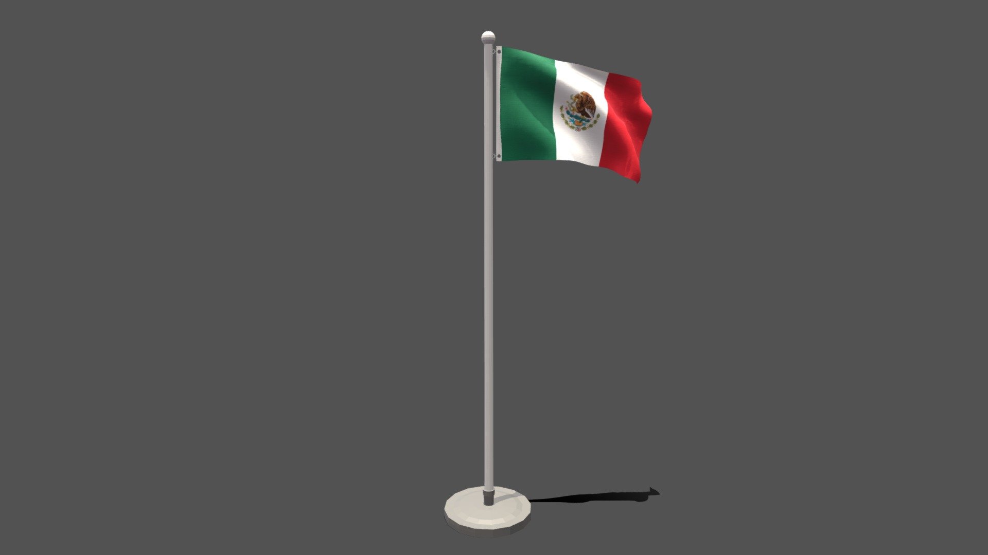 This is a low poly 3D model of an animated flag of Mexico. The low poly flag was modeled and prepared for low-poly style renderings, background, general CG visualization presented as 2 meshes with quads only.

Verts : 1.536 Faces : 1.459.

1024x1024 textures included. Diffuse, roughness and normal maps available only for flag. The pole have simple materials with colors.

The animation is based on shapekeys, 248 frames and seamless, no rig included.

The original file was created in blender. You will receive a OBJ, FBX, blend, DAE, Stl, gLTF, abc.

PLEASE NOTE Animation icluded only in blend, abc and glTF files.

Warning: Depending on which software package you are using, the exchange formats (.obj , .dae, .fbx) may not match the preview images exactly. Due to the nature of these formats, there may be some textures that have to be loaded by hand and possibly triangulated geometry 3d model