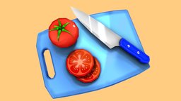 Stylized Tomato Slices On A Cutting Board cartoony, tomato, game-ready, gameassets, slice, cuttingboard, mobilegames, knife, low-poly, stylized