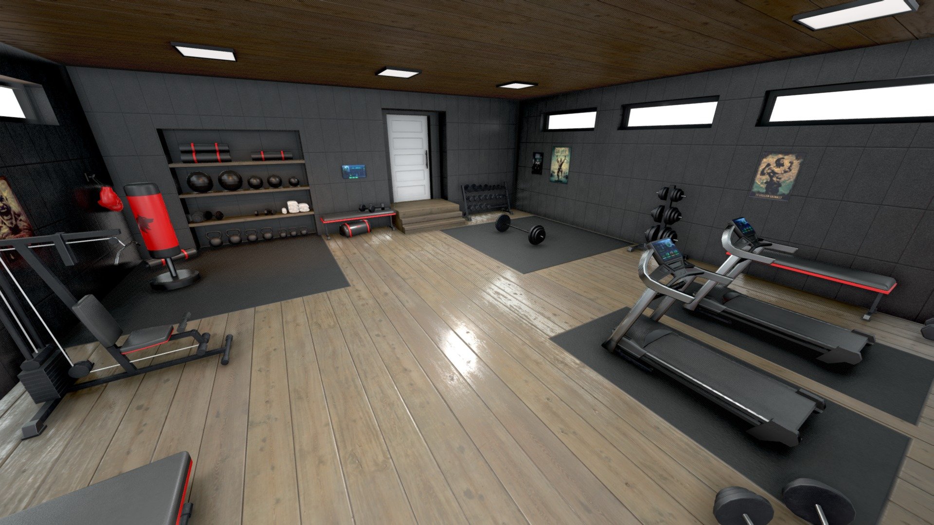 Explore a range of workout equipment, from dumbbells to a treadmill, and take your virtual workouts to new heights. Perfect for VR fitness enthusiasts seeking realistic and engaging workout environments. Elevate your fitness journey with this professionally designed VR home gym in a garage 3d model
