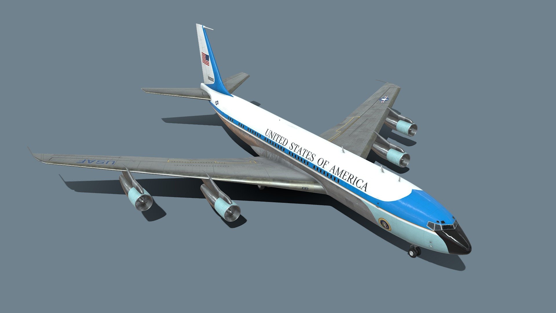 Purchase link is here https://www.artstation.com/artwork/LeEbZR

SAM 26000 was the first of two Boeing VC-137C United States Air Force aircraft specifically configured and maintained for use by the president of the United States. It used the callsign Air Force One when the president was on board, otherwise SAM 26000 , with SAM indicating Special Air Mission.

A VC-137C with Air Force serial number 62-6000,[a] SAM 26000 was a customized Boeing 707. It entered service in 1962 during the administration of John F. Kennedy and was replaced in presidential service in 1972 but kept as a backup. The aircraft was finally retired in 1998 and is now on display at the National Museum of the United States Air Force near Dayton, Ohio 3d model