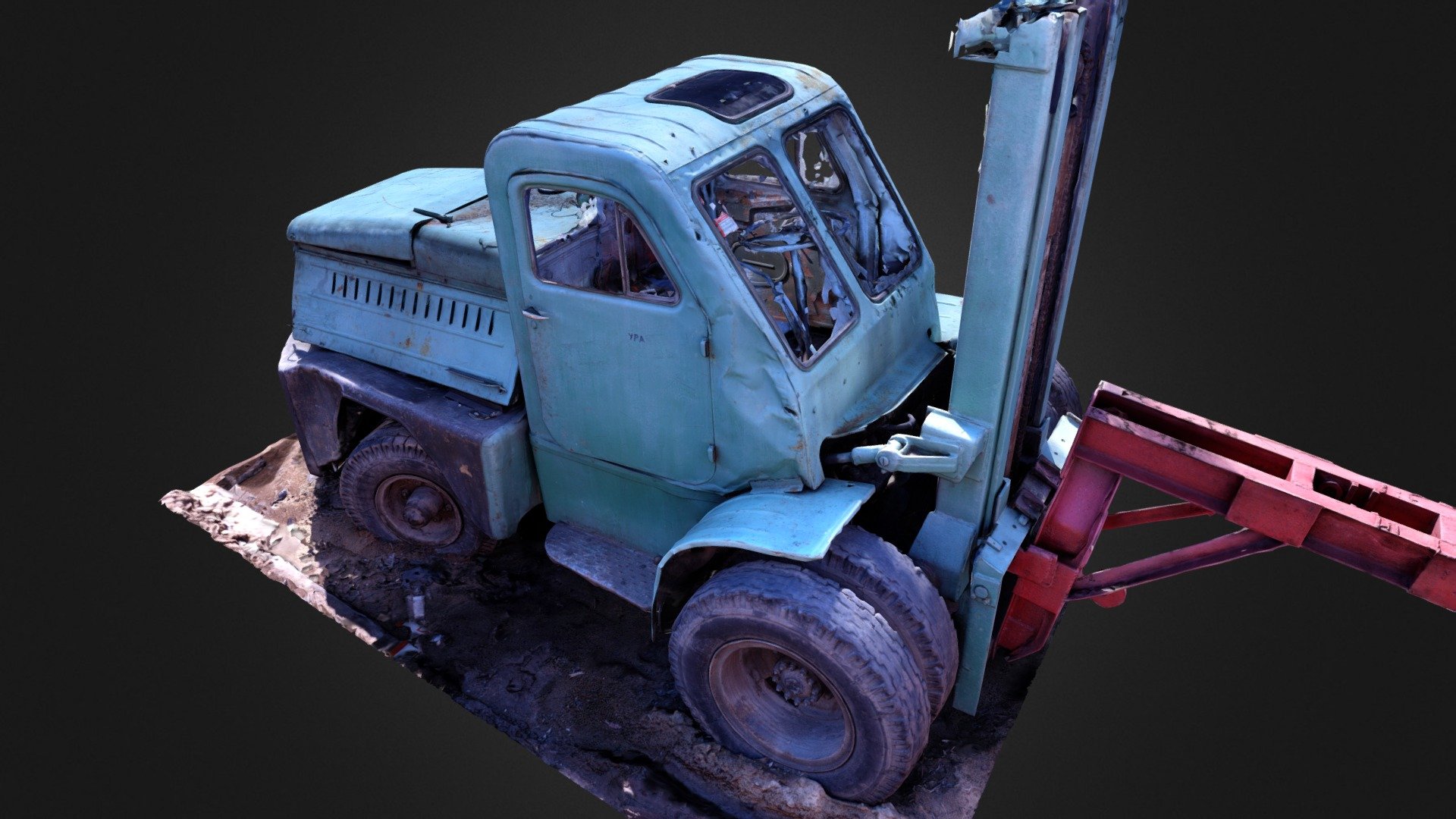 Lviv forklift AP-4045 was in production around 1960-1980.

Original model faces were around 77 millions, so it was decimated to 200K faces + original geometry baked in 16K normals map + 16K ambient occlusion map + 16K diffuse map (to fit in 200 megabytes limit).

Processed from 1569 photos: high quality depthmaps built in 4 hours, model from depthmaps built in 10 hours (i7-6700 CPU + 16 GB RAM + R9 390X GPU) 3d model