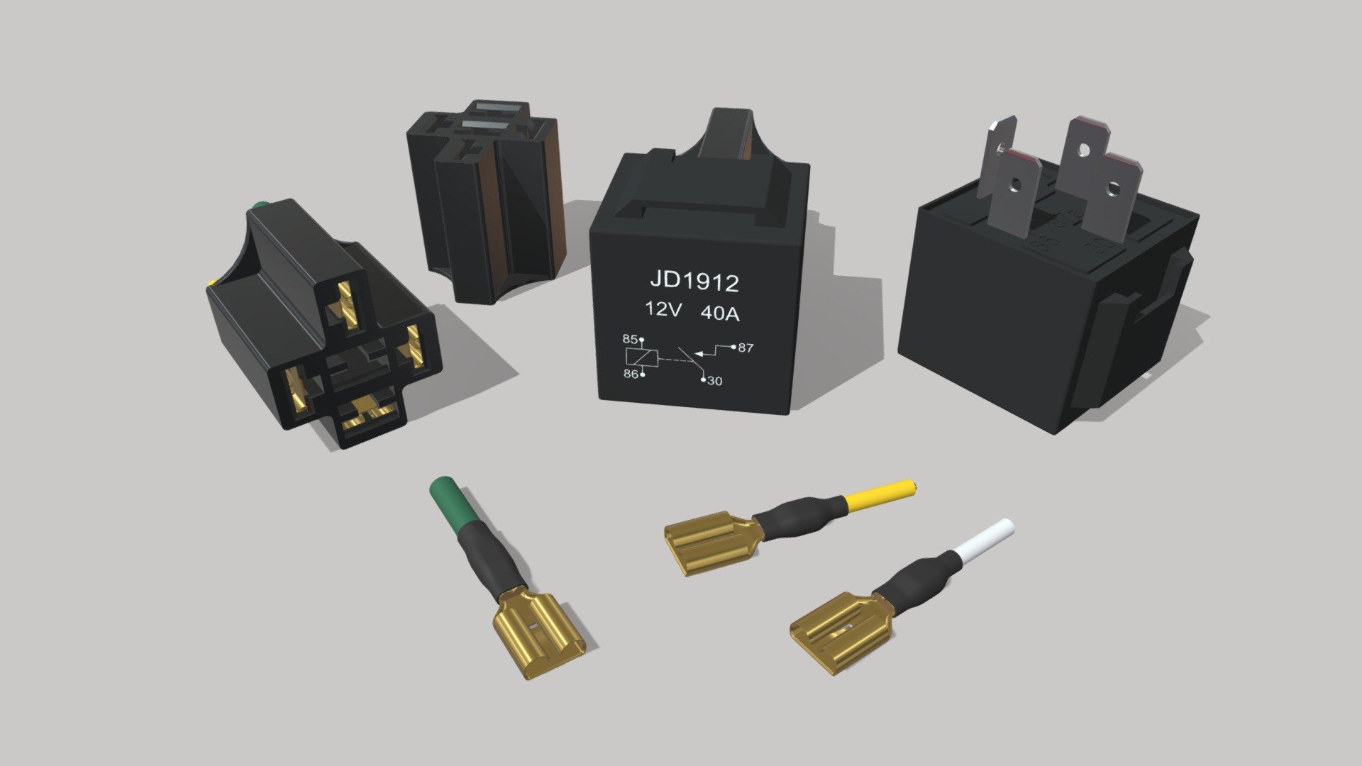 This set of models includes a JD1912 12V 40A power relay and a standard connector with terminals for this relay. The models are designed in a CAD system for their use as part of the assembly of the designed devices. Using this model in the layout helps to save design time. This model of power relay is quite common both in autoelectrics and in other fields of technology 3d model