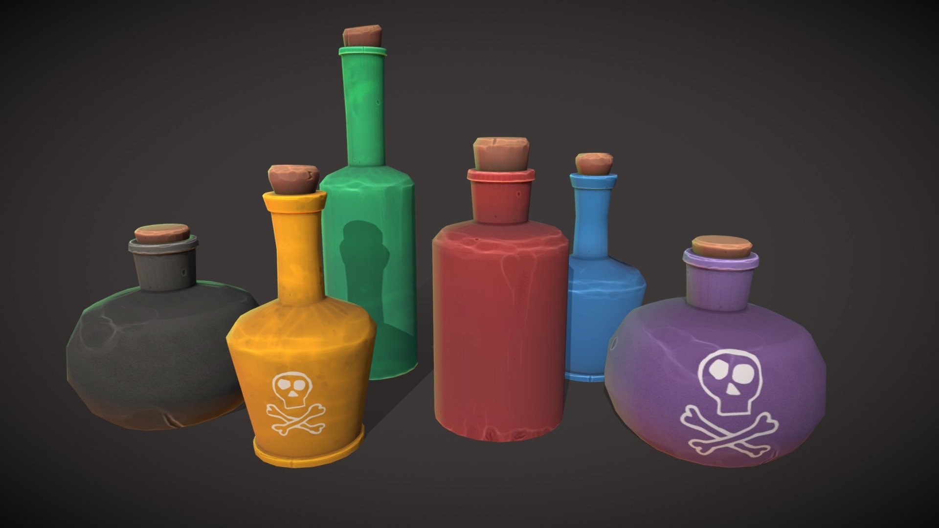 Stylized Low Poly Bottle set!


This is a Low Poly Stylized set of bottles as seen on the preview images.
Hand Painted details with PBR Metal for a timeless stylized look.
Includes PBR Metal/Rough detail.
FBX included
Game Ready!
4 styles of bottle
6 variations of colour (with and without skull icon included)

Meshes + Textures:


Poly Count: Between 270 and 320 (depending on the bottle)
All bottles use the same texture maps for optimisation.
Texture Maps: Diffuse/Colour, Normal, Roughness, Metallic
Texture Sizes included: - 2048 x 2048

Features:


Stylized hand painting texturing.
Clean mesh with no co-planar faces or isolated vertices.
No corrections or cleaning up needed.
Correctly named in English.
Pivot at 0, 0, 0 at bottom center of object.

Unreal Engine


Tested in the Unreal Engine.
Created to UE4 Scale.
Pivot point placed for easy drag + drop in engine.
ORM maps included for correct Unreal engine material setup.
 - Stylized Potion Bottles -  Low-poly 3D model - Buy Royalty Free 3D model by polysassetstore 3d model