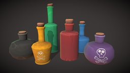 Stylized Potion Bottles drink, warcraft, wizard, experiment, desk, lab, laboratory, jar, mmo, science, juice, health, potion, bottles, poison, alchemy, inventory, handpainted, lowpoly, witch, skull, pirate, stylized, workshop, bottle, container, magic