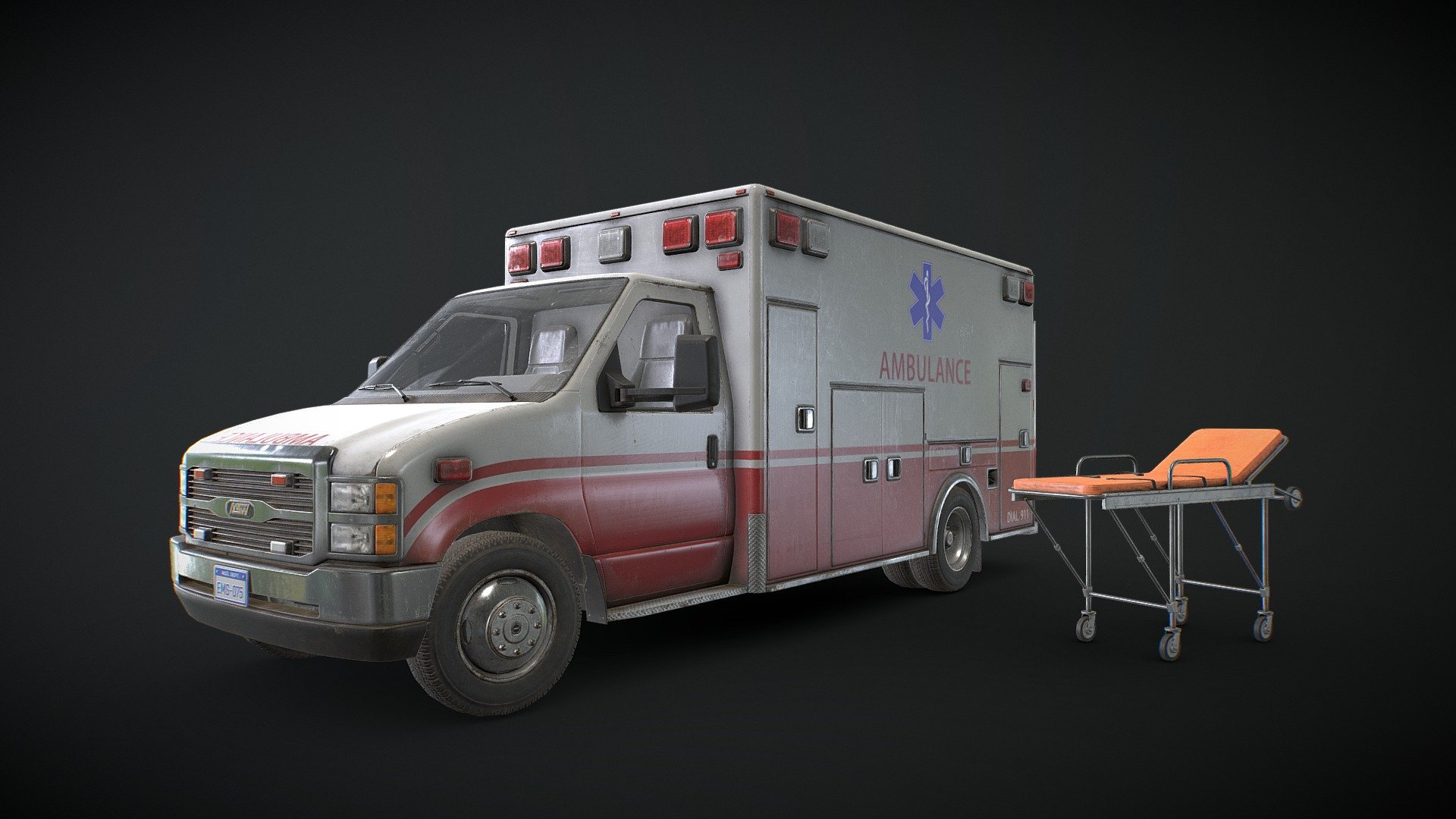 Game Ready Ambulance with finished interior and Stretcher included:




The unit of measurement used is centimeters

Front and back doors, wheels and steering wheel are separated and can be easily rigged/animated.

Interior and Box Interior are separate objects to detach if needed.

Stretcher as separate object and with 2 versions (open and folded)

PBR textures

All branding and labels are custom made

Second uv channel included

Packed ORM textures included

Average texel density: 1040 px/m

Polys:




Ambulance: 31.272 tris

Stretcher: 3.344 tris

TOTAL: 34.616 tris

Maps sizes: 




Body: 4096x4096

Details: 4096x4096

Interior: 4096x4096

Box Interior: 4096x4096

Wheels: 2048x2048

Windows: 2048x2048

Stretcher: 2048x2048

Provided Maps:




Albedo 

Normal

Roughness

Metalness

AO

Opacity included in Albedo (windows)

Emissive

Formats Incuded - MAX / BLEND / OBJ / FBX 

This model can be used for any game, film, personal project, etc. You may not resell or redistribute - Ambulance Type 1 - Low Poly - Buy Royalty Free 3D model by MSWoodvine 3d model