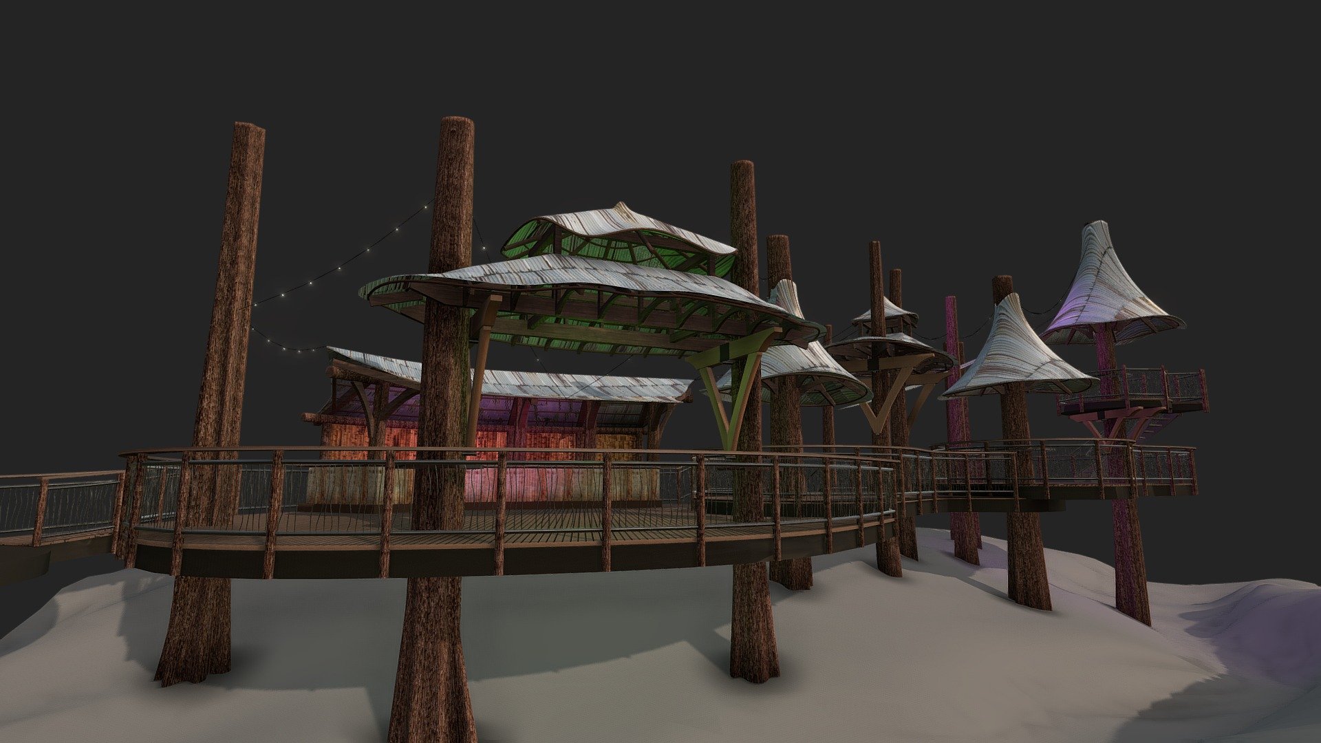 Treehouse cafe and bar with treetop canopies to relax under while live music plays in the background 3d model