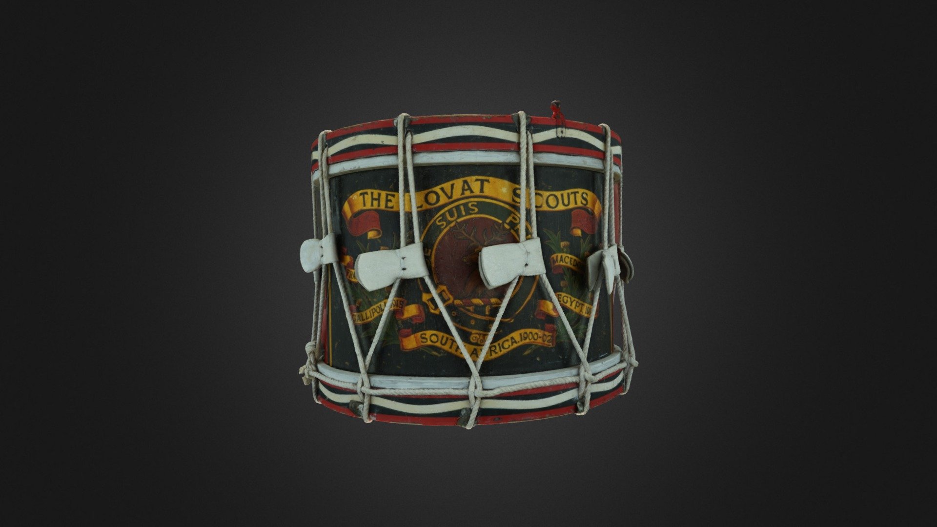 This Lovat Scouts tenor drum is emblazoned with the regimental crest (feauturing the motto, ‘Je Suis Prest’) and Battle Honours including South Africa, Egypt, Macedonia, Gallipoli, and France &amp; Flanders. Throughout service, this drum would have played regimental marches such as the Lovat Scouts Quickstep. Part of the Queen's Own Highlander's Museum collection 3d model