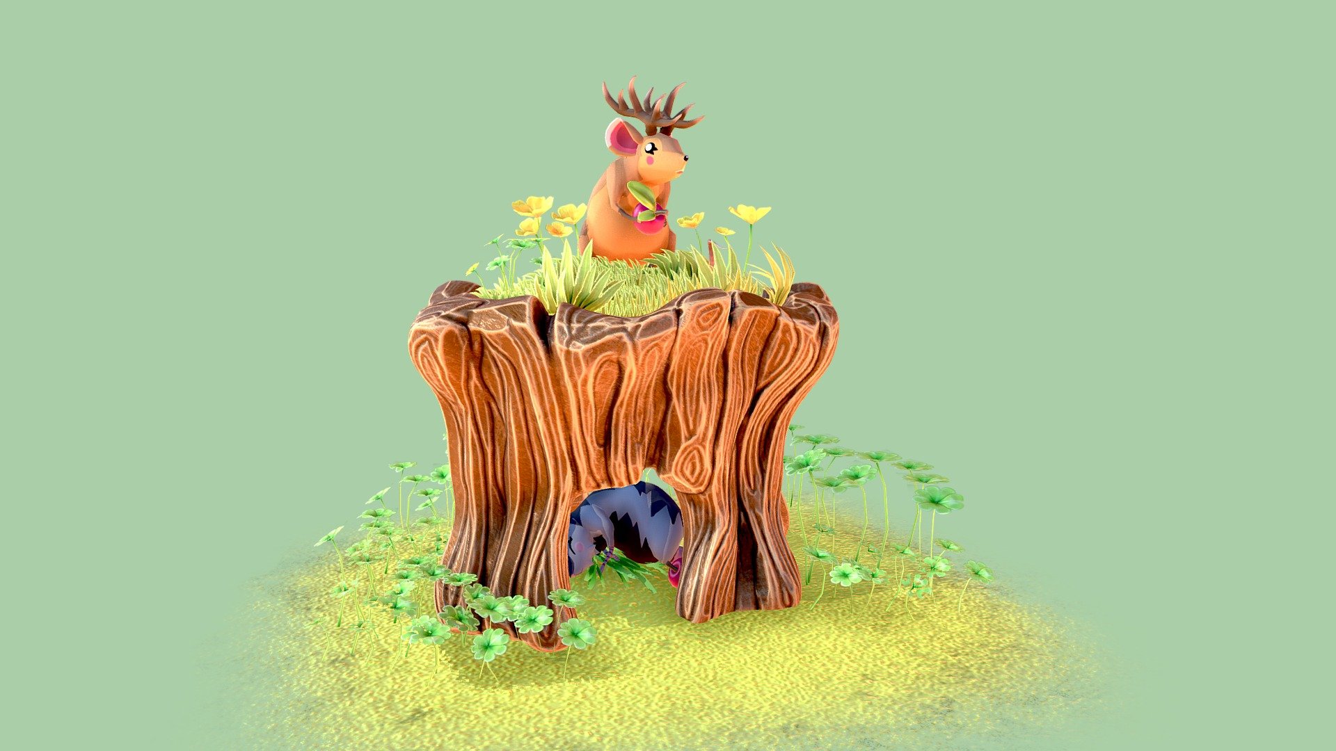 Cute painted style scene with mice and greenery. 
Made to look hand painted and stylized. 
I used normal maps to bake micro detail into the surfaces of the models similar to how animal crossing new horizon has done. 
Modeled in Maya and textured in Substance painter 3d model