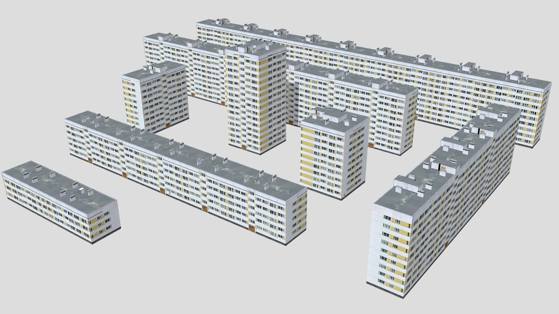 Models, documentation, panels, sectioning — billman007

Textures, material, props models — Shotkey

Extra low-poly residential buildings pack.

Absolute optimization, perfect for background scenes.

As well texture can be compressed up to 1k resolution.

High-datailed version - 1Lg-600A (lite) USSR panel house from Leningrad - Download Free 3D model by Shotkey 3d model