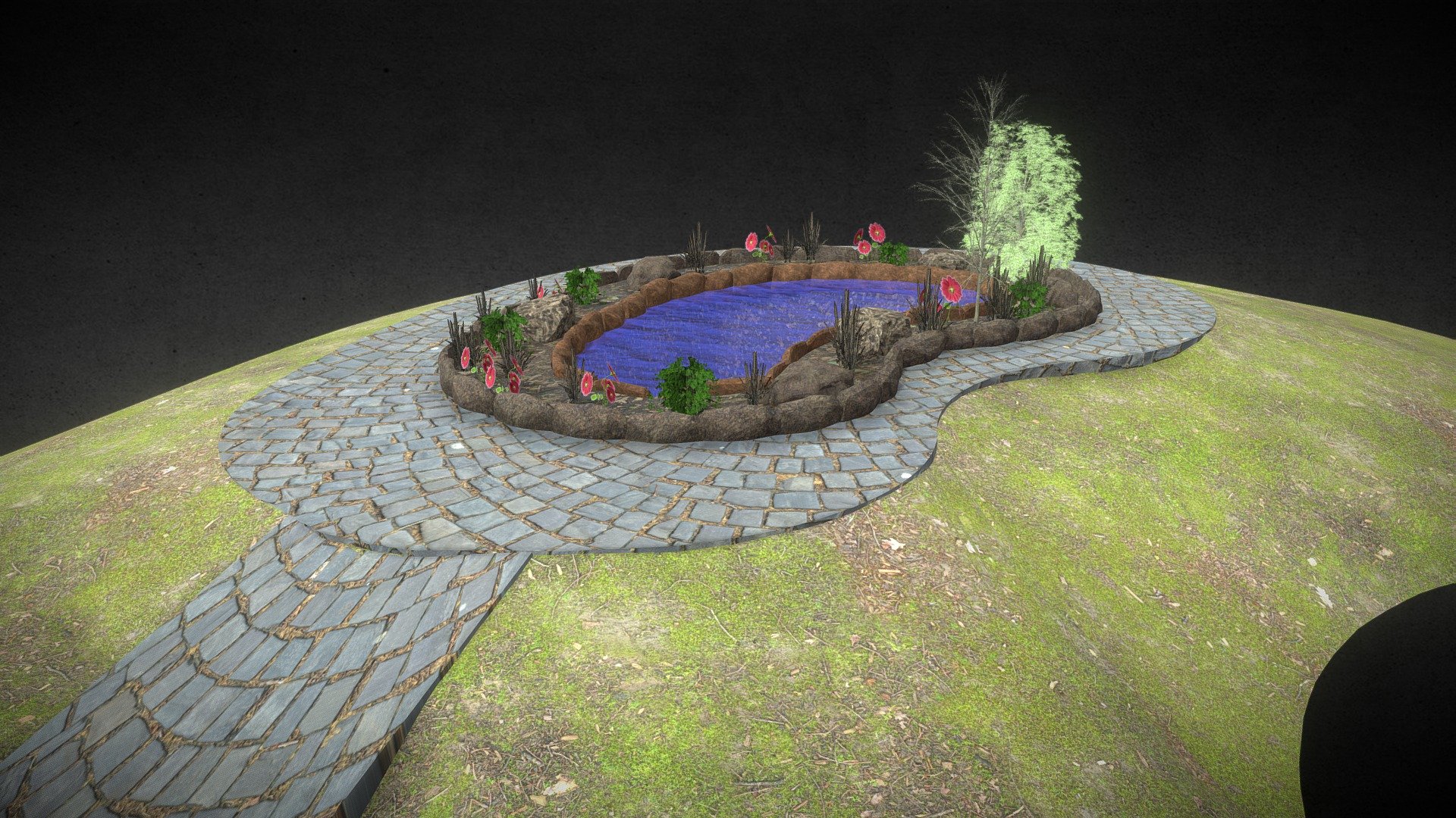 Game Ready Garden Pond / Dam
Mesh parts -Pond, Hill Trees, Bushes
Each with UVs for Static light build in UE4

Import into UE4 and untick &ldquo;Combine Meshes