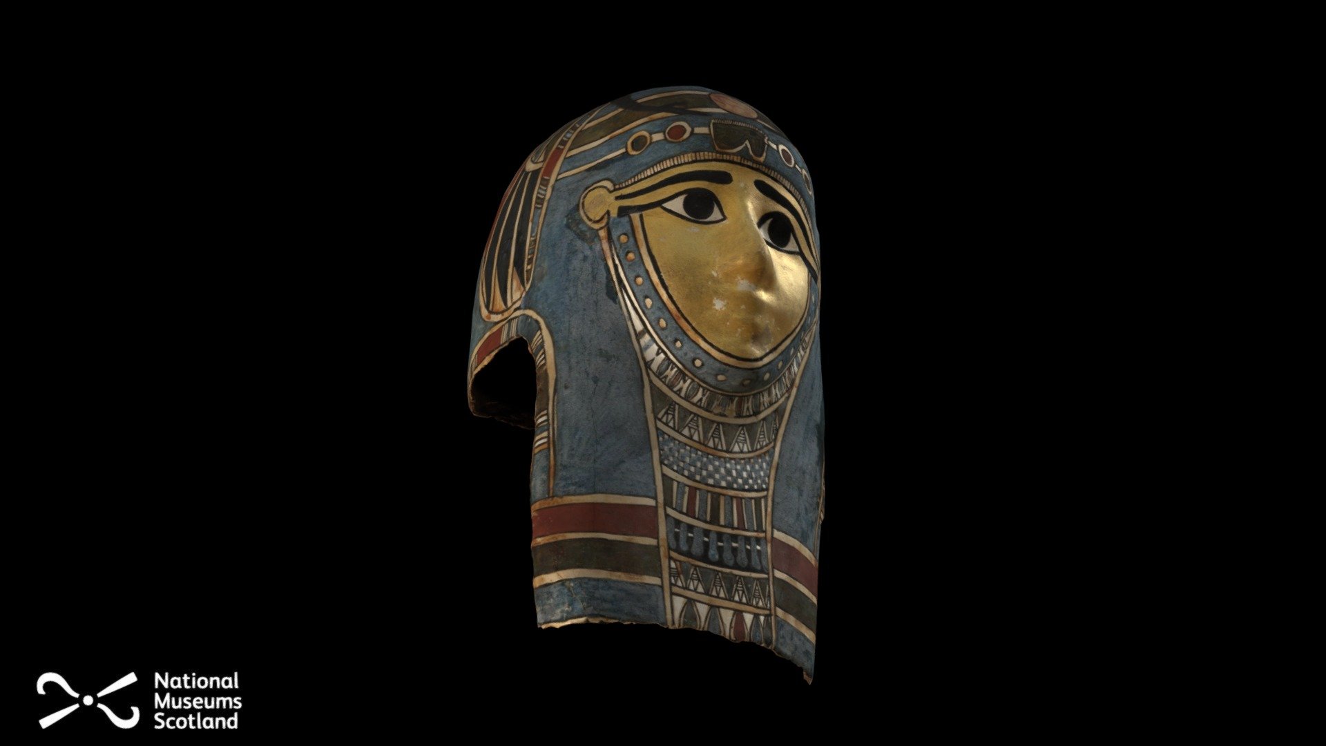 Mask from a complete cartonnage consisting of mask and three breast pieces. Excavated by the Egypt Exploration Society at Abydos. Ancient Egyptian, dating to the Ptolemaic period, 323-30 BC. The gold colouring reflects the ancient Egyptian belief that that god’s skin was made from that material. Other symbols of rebirth after death include the winged scarab beetle, show on the top of the head.

Museum reference A.1912.157 C

Collection World Cultures

Object name Cartonnage mask

Date 323 - 30 BC

Style / Culture Ptolemaic Period, Ancient Egyptian

Materials Cartonnage

Collection place Abydos, Upper Egypt, ANCIENT EGYPT

Discover more about Ancient Egypt on the National Museums Scotland website.

Photogrammetry by Thomas Flynn / Sketchfab for National Museums Scotland 3d model