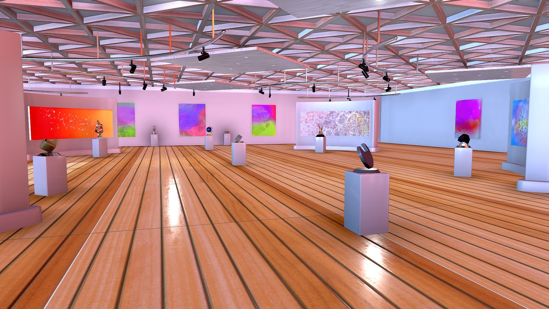 A great art gallery concept to showcase your art, NFT, Sculptures, demostrations and much more. 
-Just replace the sculptures and paintings with your own to personalize this model.
-The Lighting rig is easily ajustable.  Easily parent your own lights or use the blender model, provided in the additional zip file.
- Rotate and position the lights to your liking.

Additional file contains:
-Blender file with all the objects, textures and lighting set up.
-PBR 2048 texture sets 3d model