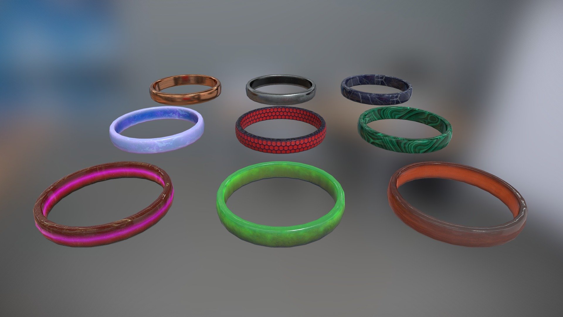 Different rings, the meshes are the same, only the textures are different, some rings have a glow. 3d model is low poly and game-ready.

Real scale - Units: cm - (Proportions and sizes are observed and as close as possible to the real object) One ring ~ 1,86 x 1,86 x 0,29 cm.

One ring: Polygons - 286 /Triangles - 572 /Vertices - 286 - Rings - 3D model by Grishmanovskij Anton (@GrishmanovskijAnton) 3d model