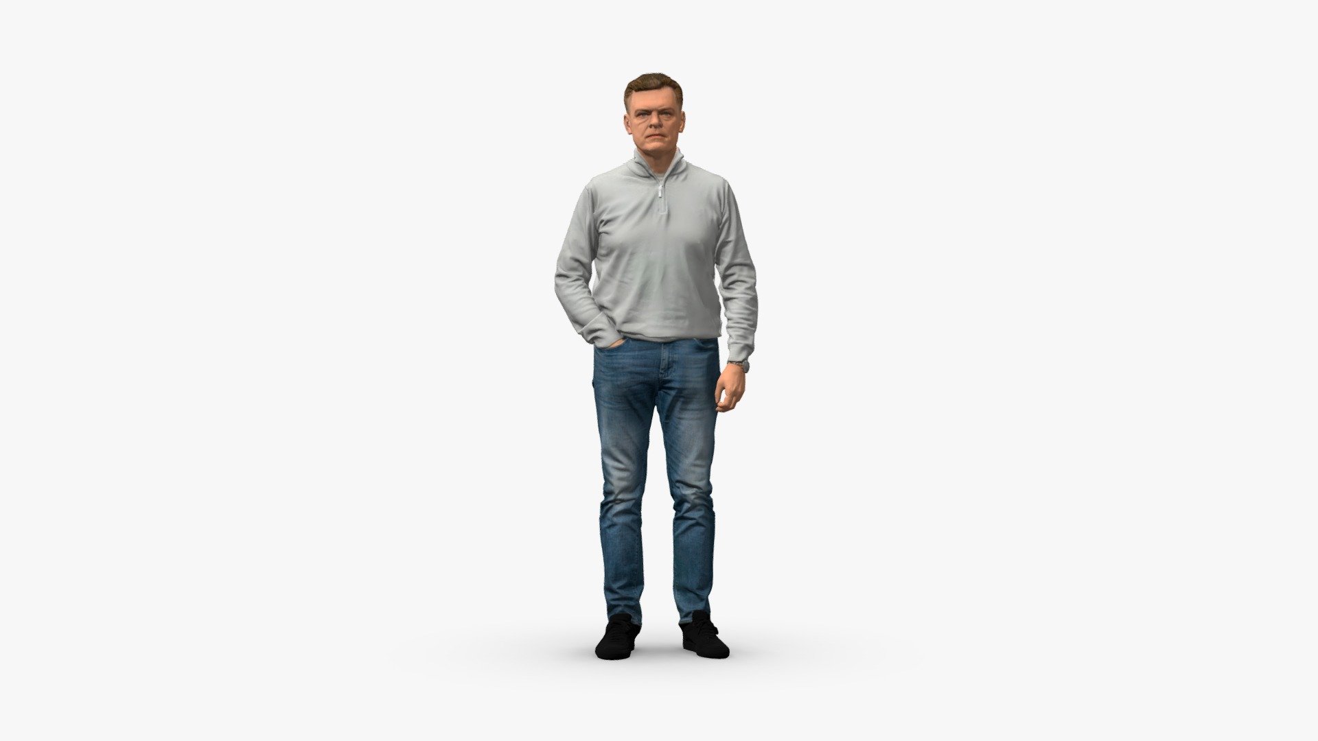 The 3D model portrays a middle-aged man dressed in a casual outfit, wearing black ankle boots, blue jeans, and a gray sweatshirt. 

The 3D model was obtained by scanning 3d model