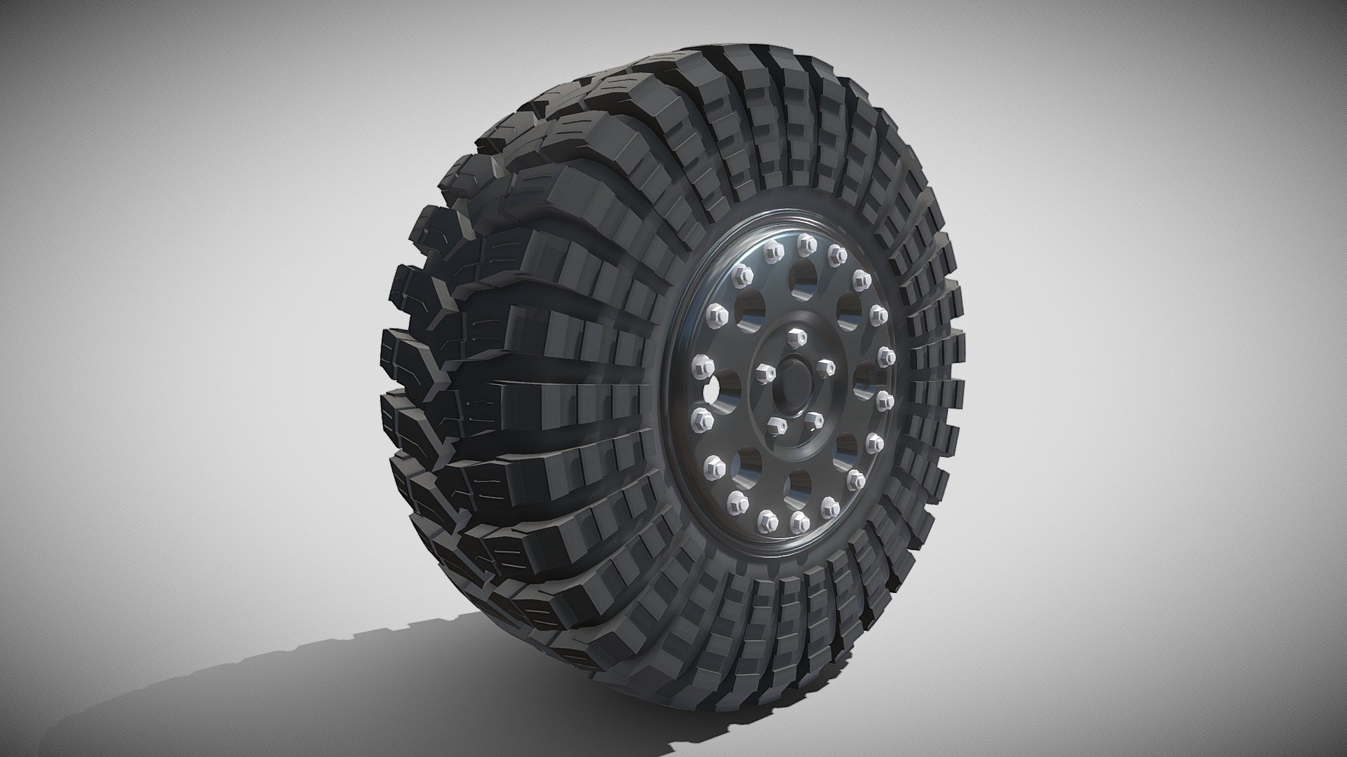 A very accurate model of a Tibus Wheel with Maxxis Trepador Tire.

File formats:
-.blend, rendered with cycles, as seen in the images;
-.obj, with materials applied and textures;
-.dae, with materials applied and textures;
-.fbx, with material slots applied;
-.stl;

3D Software:
This 3d model was originally created in Blender 2.79 and rendered with Cycles.

Materials and textures:
The model has materials applied in all formats, and is ready to import and render.
The model comes with multiple png image textures.

Preview scenes:
The preview images are rendered in Blender using its built-in render engine &lsquo;Cycles'.
Note that the blend files come directly with the rendering scene included and the render command will generate the exact result as seen in previews.
Scene elements are on a different layer from the actual model for easier manipulation of objects.

General:
The model is built strictly out of quads and is subdivisable.
It comes in separate parts, named correctly for the sake of convenience 3d model