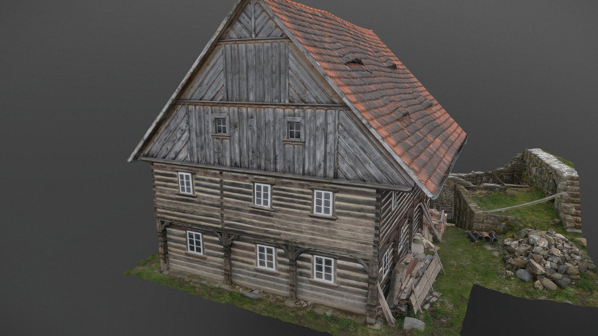 Medieval historic brown lumber half-timbered wooden cottage countryside family house water mill, 3 stories, balcony and red roof

photogrammetry scan (350x36MP), 5x8K texture +HD normals - contact me for source photos or re-exports - Medieval half-timbered mill - Buy Royalty Free 3D model by matousekfoto 3d model