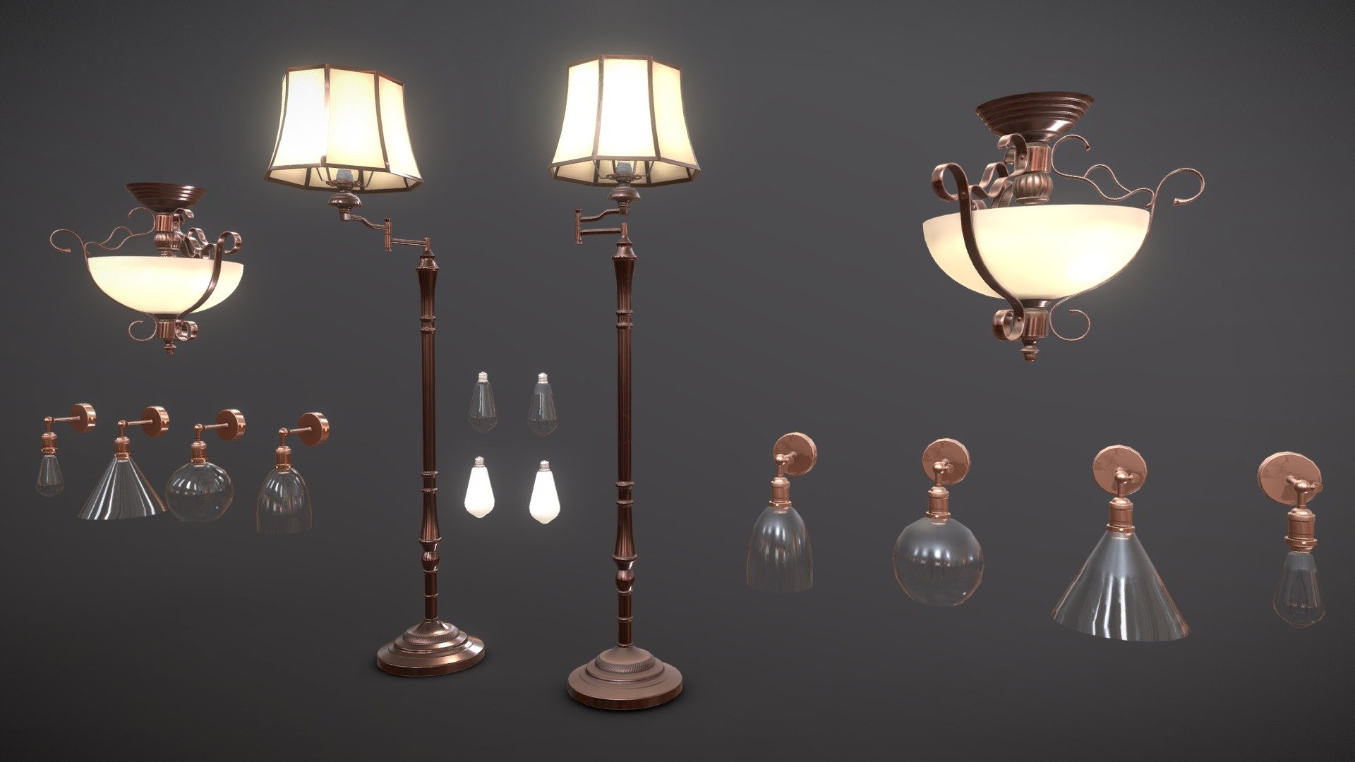 Realistic Vintage Lamps Pack with High Quality PBR Textures.

Floor Lamp: 6348 Tris (3416 Vertices)
Ceiling Lamp: 6802 Tris (3527 Vertices)
Wall Lamp: 1772 Tris (989 Vertices)
3x Wall Lamp Plafonds: 120-768 Tris (80-400 Vertices)
Lamp: 896 Tris (472 Vertices)

Blend, FBX, UnityPackages (2019.4, Built-In/URP/HDRP) formats.
Materials and textures included.
Metallic/Roughness PBR, Unity Built-In/URP/HDRP and UE4 Texture Sets Dirty and Clean 4096px PNG Textures.

Model by @Bek, Idea and Art Direction by Me 3d model