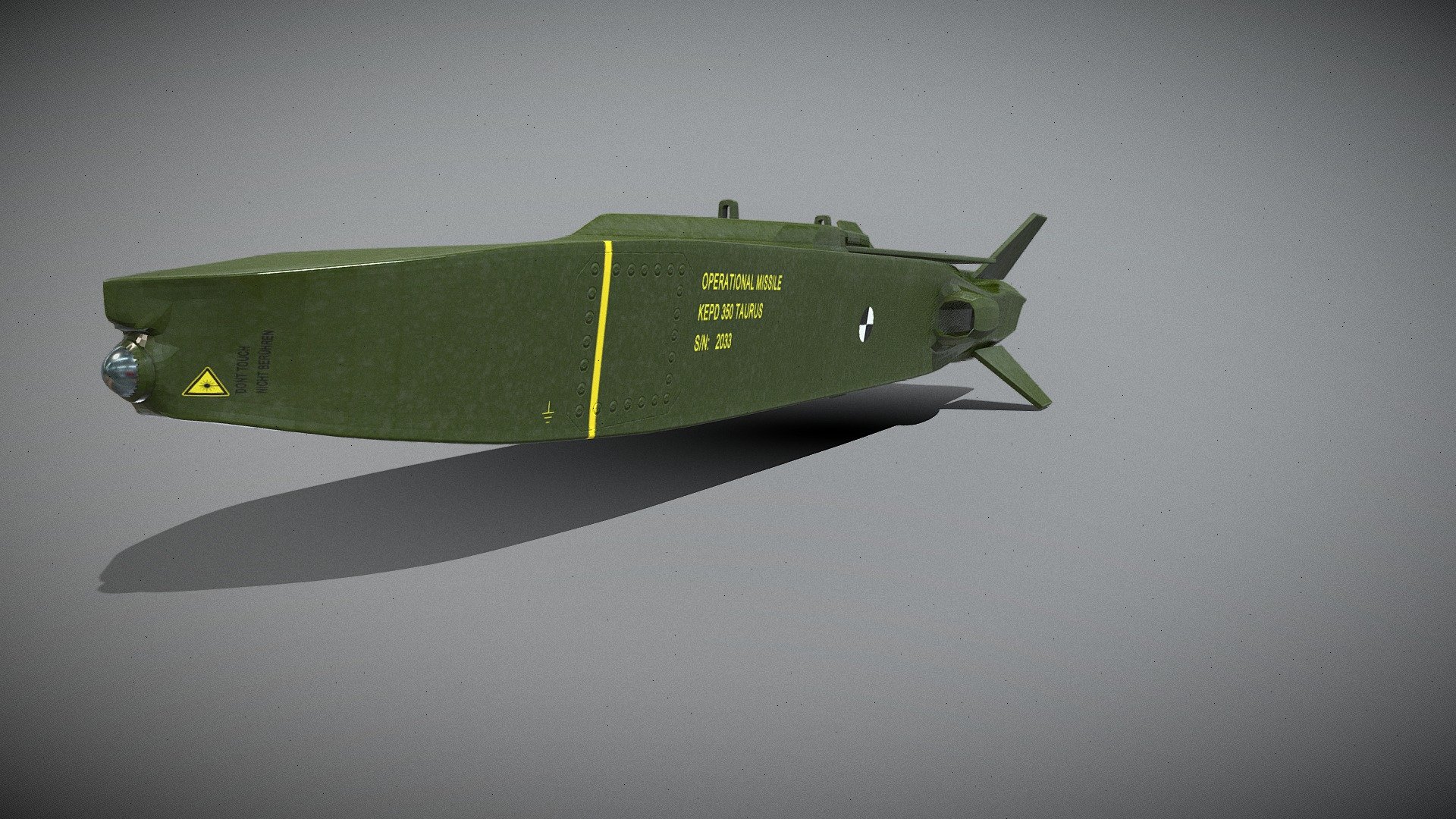**Taurus KEPD 350 **

air-launched cruise missile

game ready

Range: &gt;500 km
Warhead: Two‐stage tandem MEPHISTO penetrator

I know its not perfect, but im done with it, hope someone likes it - Taurus Cruise Missile KEPD 350 - 3D model by endbored 3d model