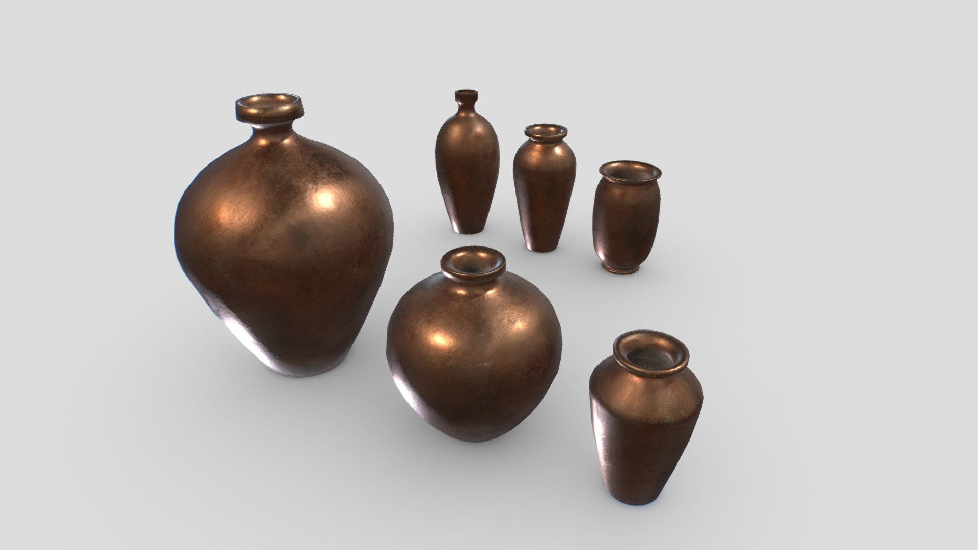 6 old copper vases. Real scale. 1 texture set.

Comes with PBR 4096pix textures including Albedo, Normal, Roughness, Metalness, AO each set.

Suitables for dungeons, medieval escenes, castles, etc&hellip; - Old Copper Jars pack 1 - Buy Royalty Free 3D model by 32cm 3d model