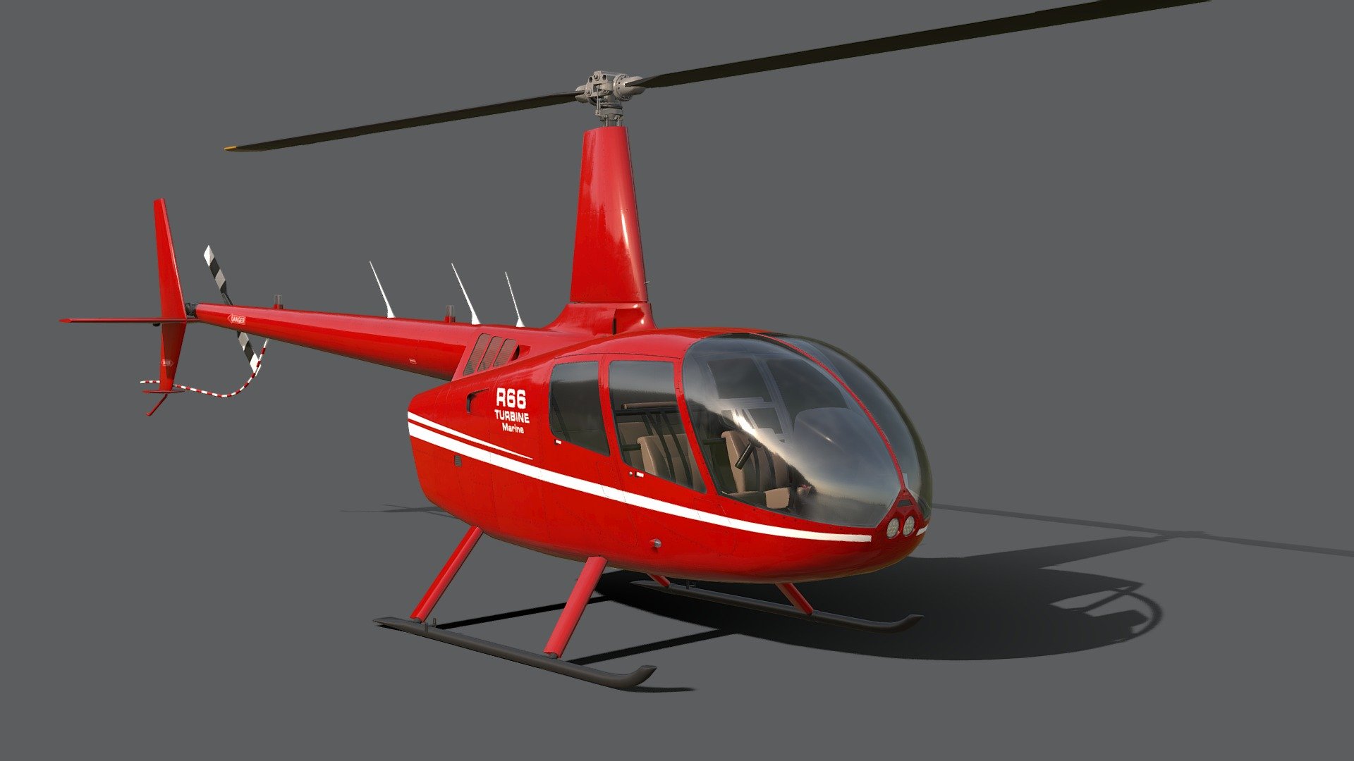 The Robinson R66 is a helicopter designed and built by Robinson Helicopter Company. It has five seats, a separate cargo compartment and is powered by a Rolls-Royce RR300 turboshaft engine. The R66 is slightly faster and smoother than the Robinson R44 from which it is derived. The R66 received both type and production certificates from the U.S. Federal Aviation Administration (FAA) on October 25, 2010 3d model
