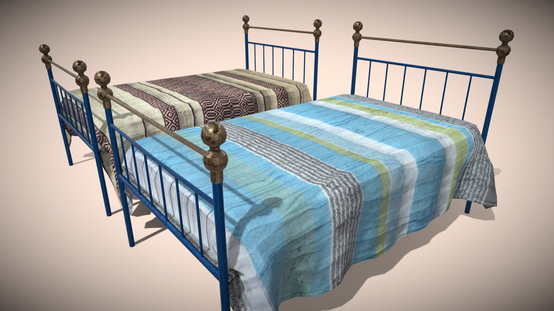 Bed with two different blankets. The texture of the blanket is not double-sided. Textures in pbr size 2048. Model with few polygons good to use in games and etc&hellip; In additional download more formats, .dae .fbx .obj and the two different skins 3d model