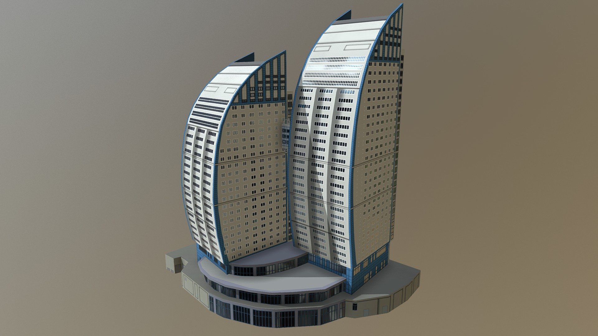 You can buy this 3D Model here - -link removed-  Low-Poly 3D Model of the Volga sails building apartment which is the biggest apartment complex in Volgograd. The height is about 116 meters. Complex consist of two buildings - block A and block D 3d model