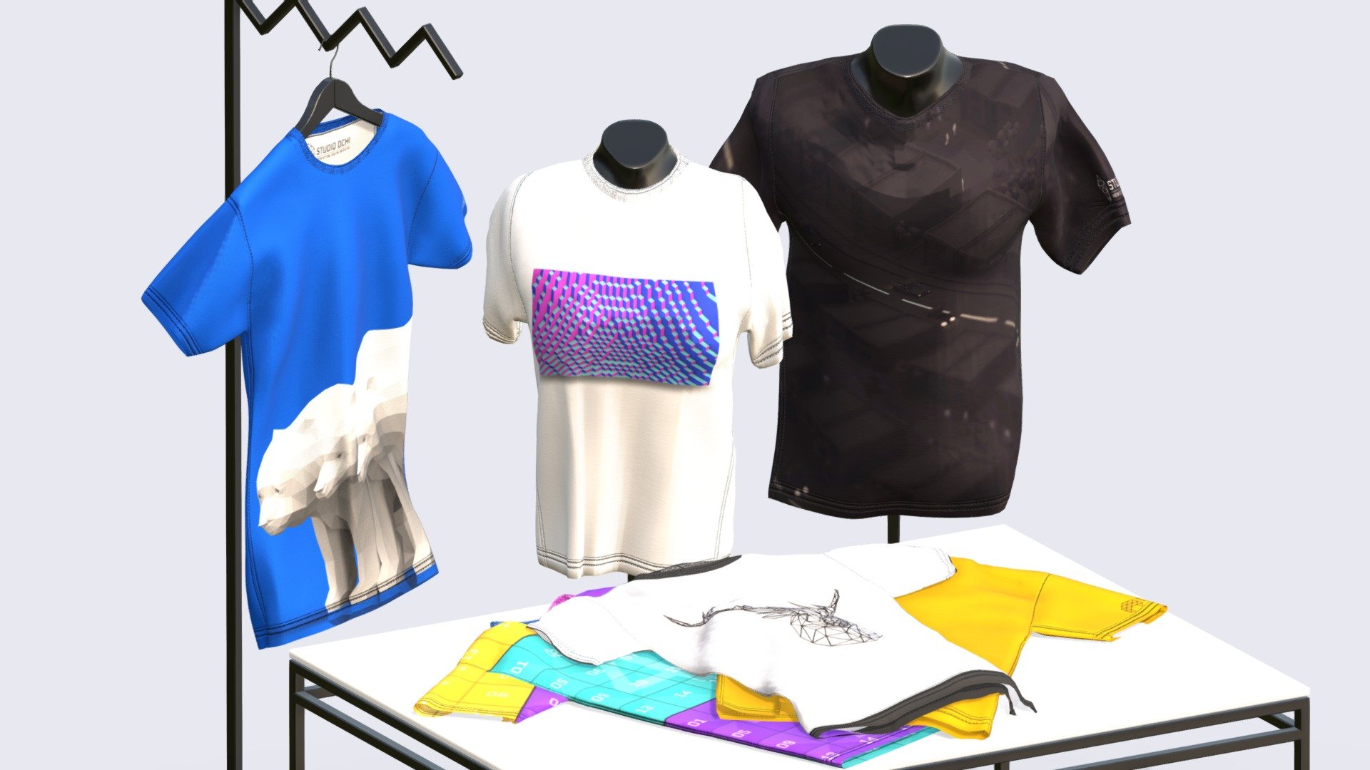 Includes the next files in OBJ, FBX, DAE, 3DS and BLEND (Native):



T-Shirt on Hanger.

T-Shirt on Man.

T-Shirt on Woman.

T-Shirt Front-Up on table.

T-Shirt Front-Down on table.

T-Shirt Front-Up on table.

Materials as shown in the model.

Textures for Bump and Displacement.


Preps from the scene:



Hanger, Rack, Table and Mannequins.
 - T Shirts Mock-Up - Buy Royalty Free 3D model by Studio Ochi (@studioochi) 3d model