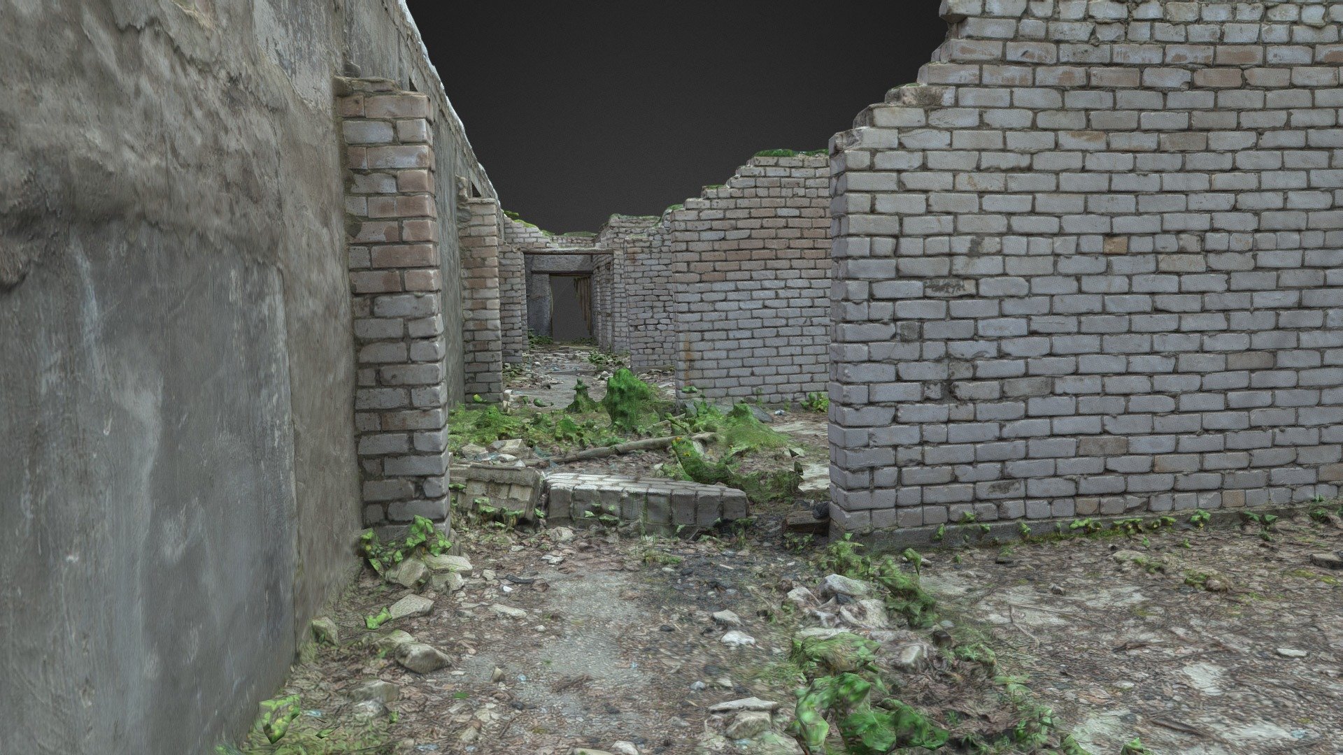 3D scan of an abandoned building without a roof, white bricks and vegetation.

With normal map 3d model