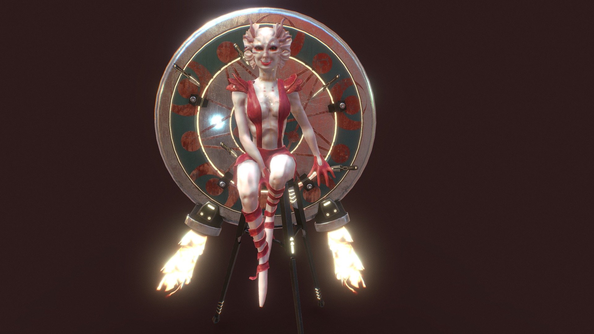 My entry on sci-fi circus challenge. I wanted not only show the creature, but add some meaning. It's about going on no matter what. This alien girl was hurt by one of the knives but she is still smiling, despite tears, because she is on scene and she  must finish the performance and walk away as nothing happened 3d model