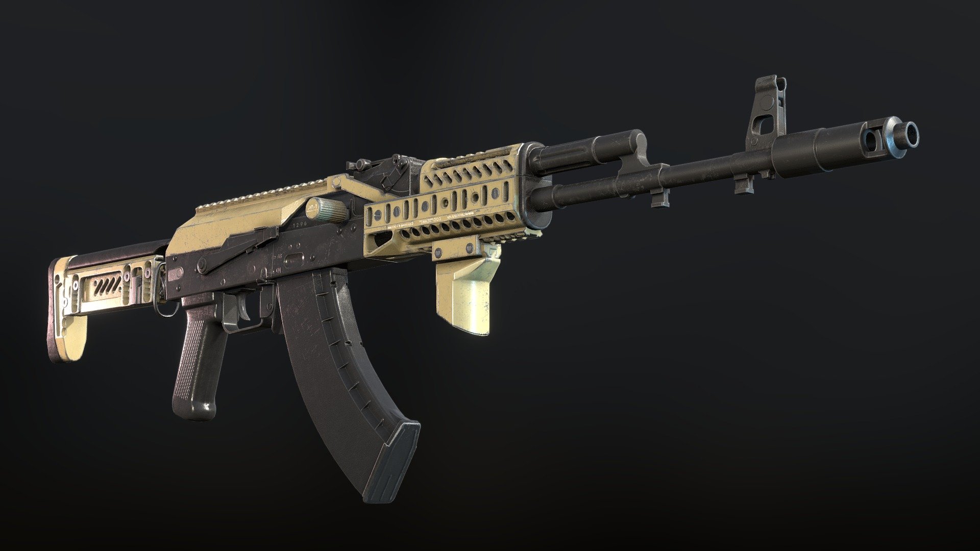 Modeled in Blender 2.93
Textured in Substance Painter

The AK-103 is an assault rifle designed by Russian small arms designer Mikhail Kalashnikov in 1994. It is an AK-100 derivative of the AK-74M that is chambered for the 7.62x39mm M43 cartridge, similar to the AKM. The AK-103 can be fitted with a variety of sights, including night vision and telescopic sights, plus a knife-bayonet or a grenade launcher like the GP-34. Newer versions can fit Picatinny rails, allowing more accessories to be mounted. It uses plastic components where possible instead of wood or metal, with such components being the pistol grip, handguards, folding stock and depending on the type, the magazine 3d model