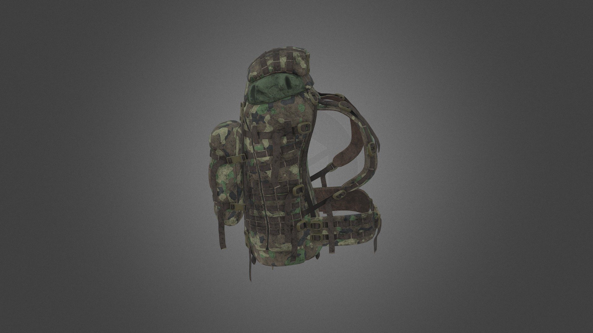 Camo pattern: Woodland

Process Workflow :

Blockout Shape - Zbrush
High Poly Sculpt - Zbrush 
Retopology - Blender 
Texturing - Substance Painter.

50 K tris - Military Backpack (Dirty) - 3D model by driaque 3d model