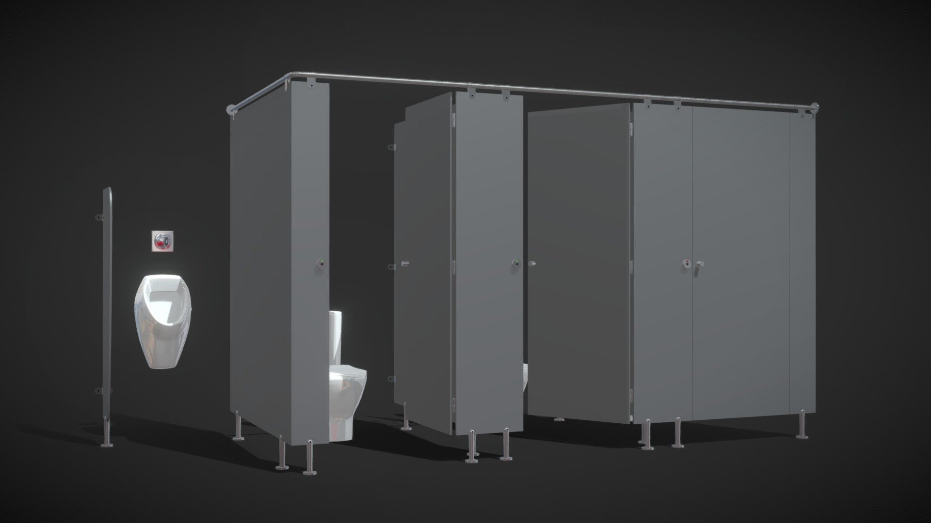 Realistic (copy) 3d model of Sanitary partitions for public toilets Funder Max 1.

Topology of geometry:
- forms and proportions of The 3D model most similar to the real object
- the geometry of the model was created very neatly
- there are no many-sided polygons
- detailed enough for close-up renders

Materials and Textures:
- 3ds max files included Vray-Shaders
- 3ds max files included Corona-Shaders
- all texture paths are cleared

Organization of scene:
- to all objects and materials names in scene are appropriated
- real world size (system units - mm)
- coordinates of location of the model in space (x0, y0, z0)
- does not contain extraneous or hidden objects (lights, cameras, shapes etc.)

File Formats:
- original file format - 3ds max 2013 + Vray
- 3ds max 2013 Corona
- obj
- 3ds

In the archive:
- Cersanit urinal
- Toilet bowl Ideal | TESI
- Set of sanitary partitions FunderMax
- Fittings Normbau
From the components of the set, you can set any number of toilet cubicles in public toilets 3d model