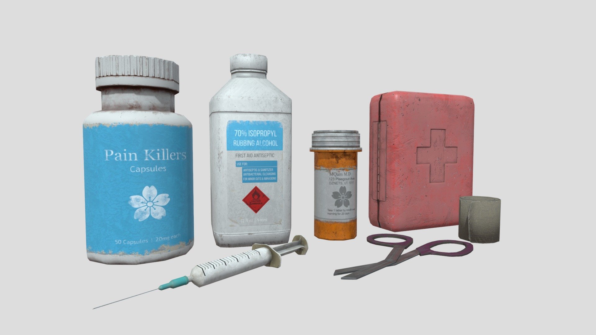 A set of game ready props! Perfect for adding detail to environments or as pickup objects.

Included:
* MedKit
* Syringe
* Capsule Bottle
* Bandage Wrap
* Medical Scissors
* Perscription Bottle
* Rubbing Alcohol Bottle

Technical Info
1k Texture Maps
Total Tris: 2172 - Health - Low Poly Game Assets - Buy Royalty Free 3D model by Mohammed Qamar (@moqam) 3d model