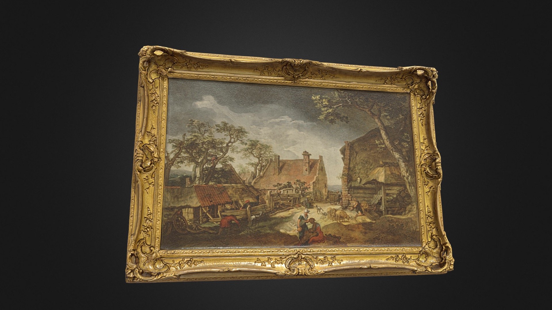 The Prodigal Son (1615), by Abraham Bloemaert (1566-1951)

Oil on canvas painting in gilt wood and plaster frame.

An enchanting farmyard landscape, this 17th century genre painting with Biblical narrative is the greatest work by the artist in the UK.
It is based on the parable of the Prodigal Son (Luke 15, 11-32). The son is shown feeding among the swine at the right, and the parable serves as a pretext to explore a theme of Netherlandish rural daily life. This work betrays a very refined sensibility of the artist, evident here in the delicate gradations of colour and light and in the meticulous description of the details, such as the roof tiles of the central cottage; different in type and arrangement, these tiles have evidently been laid on separate occasions and have weathered differently 3d model
