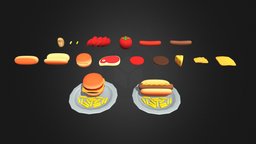 Cartoon Fast Food Pack burger, meat, potato, hamburger, fastfood, hotdog, tomato, cheese, sausage, cheeseburger, maya, cartoon, blender, lowpoly