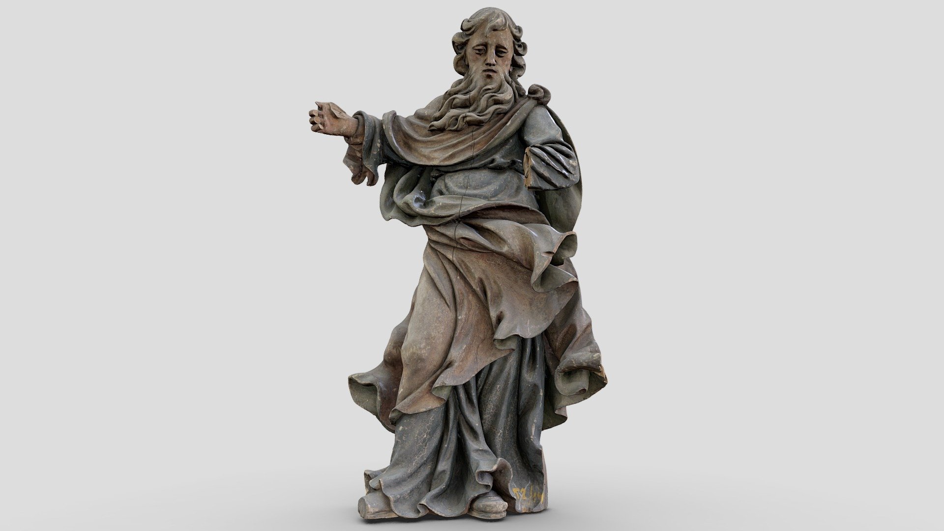 The figure of the prophet is represented in a dynamic pose with his arms theatrically outstretched. His head is lowered; the gaze is directed downwards. The artist skillfully carved the arched eyebrows, almond-shaped eyes, straight nose with flared nostrils, open mouth, as well as hair that smoothly frames the man's head. The saint's clothes and drapery are covered with folds, which pass from smooth curves to geometriс planes, repeating the outlines of the figure. The sculpture is performed in the form of an S-shaped silhouette (figura serpentinata), which dominated the Baroque sculpture. The right leg of the man is slightly bent at the knee and put forward. The whole work is full of dynamism, which is enhanced by the expressive long strands of the prophet's beard and the drapery that emphasizes the movement 3d model