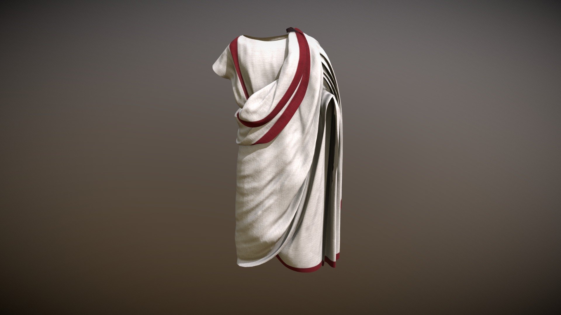 A historically accurate toga praetexta optimized for game engines. Toga praetextas are denoted by their purple or red stripe and were worn during the Roman empire by the both young boys and by senators.

An additonal texture pack for a plain white toga (toga candida) is included in the download 3d model