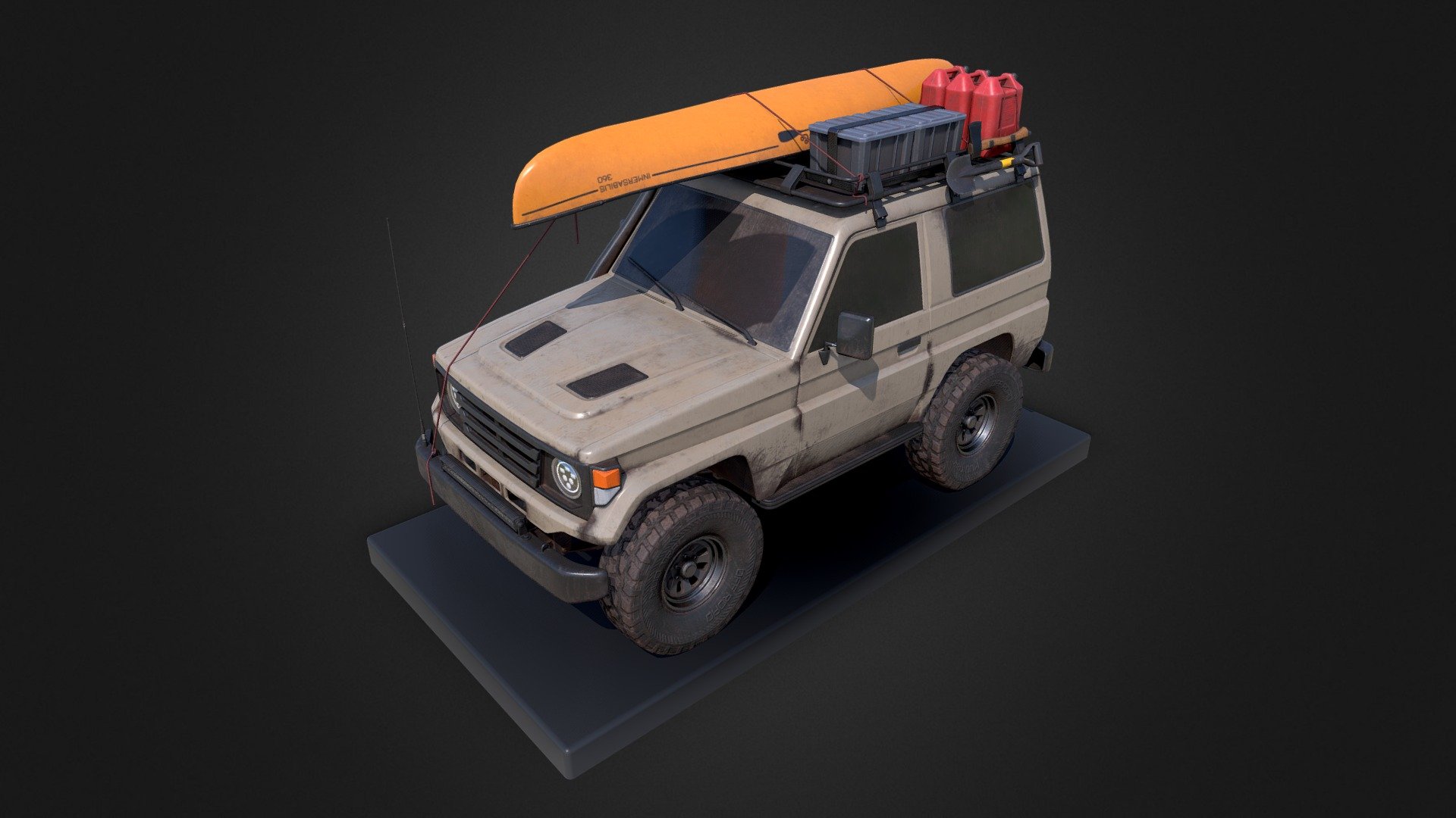 This is a game ready model I created for a school assignment. My idea was to create the adventurers dream car. It's an old Land Cruiser, a bit rusty but working just fine. Some modern modifications and add-ons fitted, as well as some bits and pieces that one might want when going on an adventure.

Check out some renders on Artstation: https://www.artstation.com/artwork/2qYBXg - 4x4 Off Roader - 3D model by thethieme 3d model