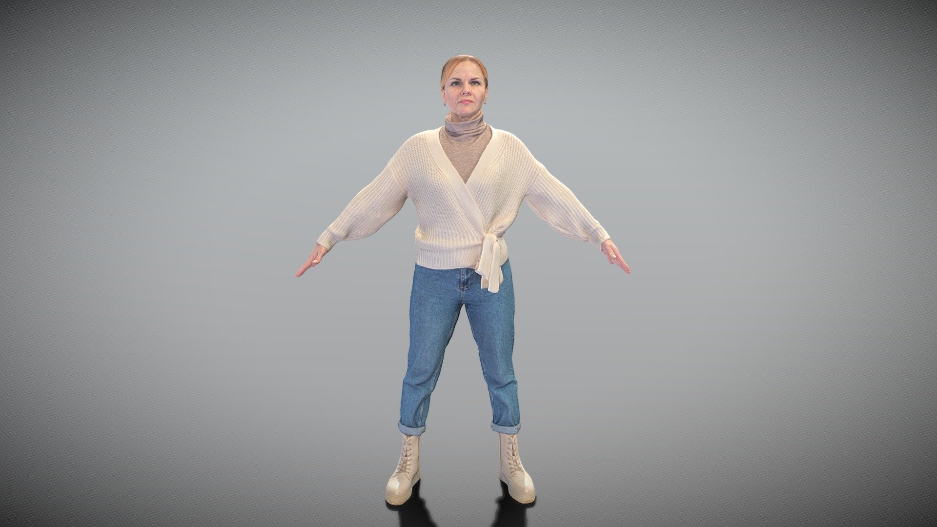 This is a true human size detailed model of a beautiful young woman of Caucasian appearance dressed in casual clothes. The model is captured in the A-pose with mesh ready for rigging and animation in all most usable 3d software.

Technical specifications:




digital double scan model

low-poly model

high-poly model (.ztl tool with 5-6 subdivisions) clean and retopologized automatically via ZRemesher

fully quad topology

sufficiently clean

edge Loops based

ready for subdivision

8K texture color map

non-overlapping UV map

ready for animation

PBR textures 8K resolution: Normal, Displacement, Albedo maps

Download package includes a Cinema 4D project file with Redshift shader, OBJ, FBX, STL files, which are applicable for 3ds Max, Maya, Unreal Engine, Unity, Blender, etc. All the textures you will find in the “Tex” folder, included into the main archive.

3D EVERYTHING

Stand with Ukraine! - Woman in sweater and jeans in A-pose 386 - Buy Royalty Free 3D model by deep3dstudio 3d model