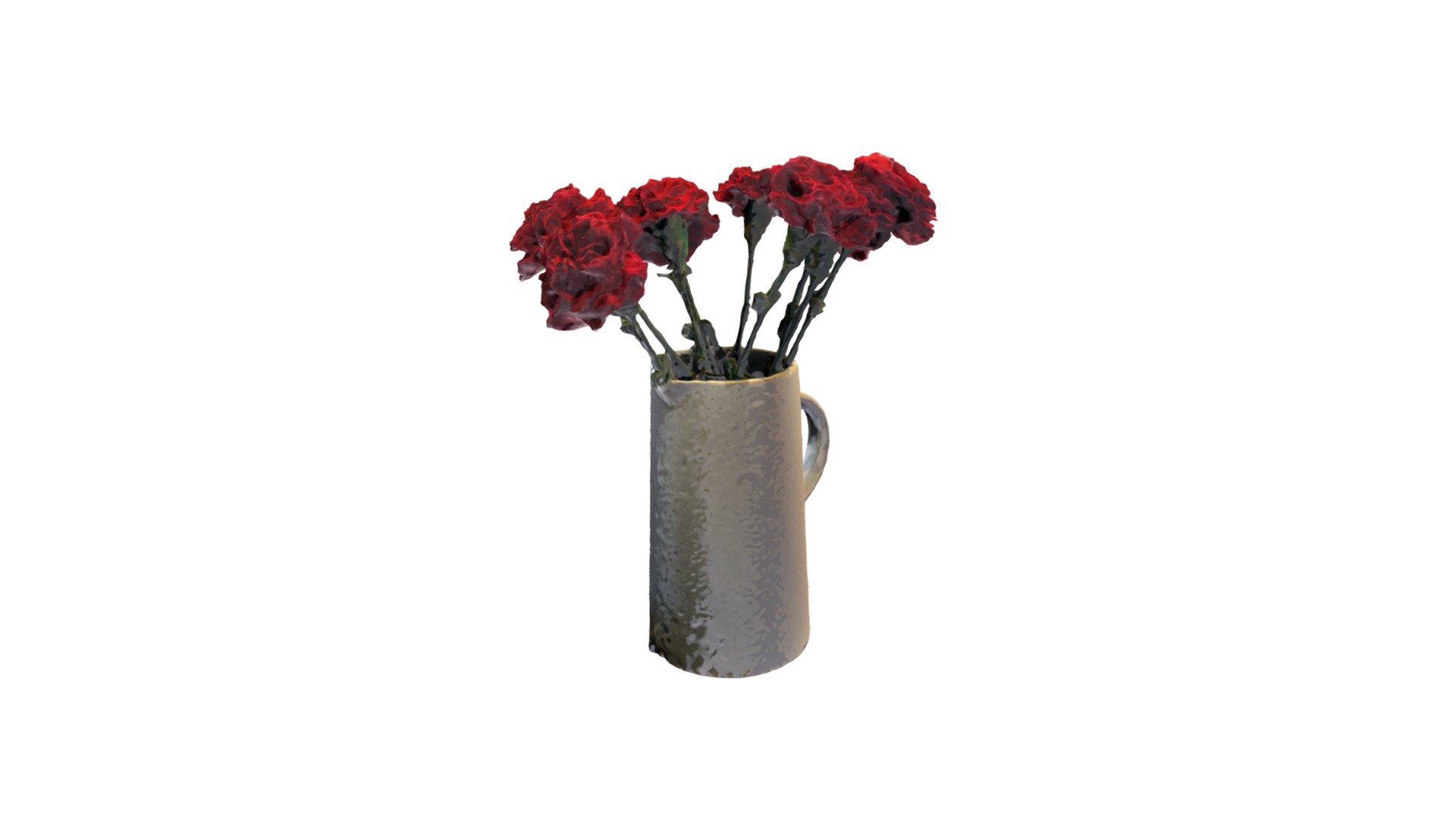 Red carnations in a weathered, textured white vase with handle. Taken on Planoly and cleaned up on Blender 3d model