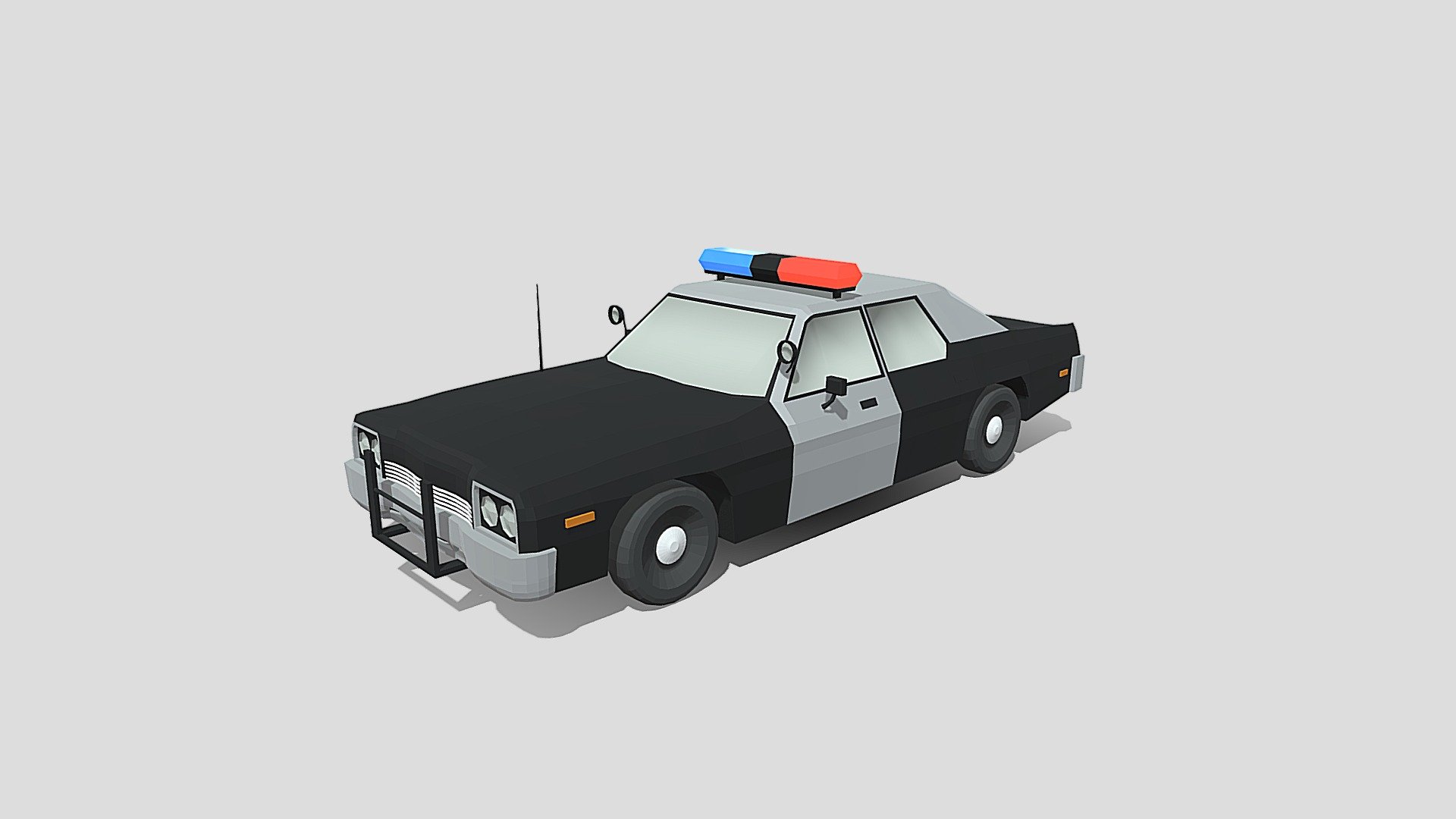 This is a low poly 3d model of a Dodge Monaco police car. The low poly car was modelled and prepared for low-poly style renderings, background, general CG visualization presented as a mesh with quads only.

Verts : 5.510 Faces: 5.413

The model have simple materials with diffuse colors.

No ring, maps and no UVW mapping is available.

The original file was created in blender. You will receive a 3DS, OBJ, FBX, blend, DAE, Stl.

All preview images were rendered with Blender Cycles. Product is ready to render out-of-the-box. Please note that the lights, cameras, and background is only included in the .blend file. The model is clean and alone in the other provided files, centred at origin and has real-world scale 3d model
