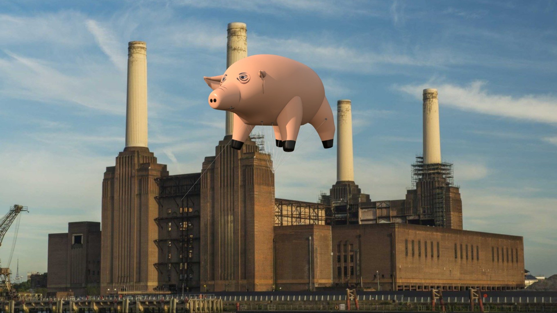 Inflatable flying pigs were one of the staple props of Pink Floyd's live shows. Pigs appeared numerous times in concerts by the band, promoting concerts and record releases, and on the cover of their 1977 album Animals.
The original Pink Floyd pig was designed by Roger Waters and built in December 1976 by the artist Jeffrey Shaw with help of design team Hipgnosis.[2]

On the second day, the marksman was not present because no one had told him to return. The pig broke free due to a strong gust of wind on the third day, gaining a lot of press coverage. It disappeared from sight within five minutes, and was spotted by airline pilots at thirty thousand feet in the air.[3] Flights at Heathrow Airport were cancelled as the huge inflatable pig flew through the path of aircraft, eastwards from Britain and out over the English Channel, finally landing on a rural farm in Kent that night.[3]

The pig that was originally floated above Battersea Power Station was called &ldquo;Algie