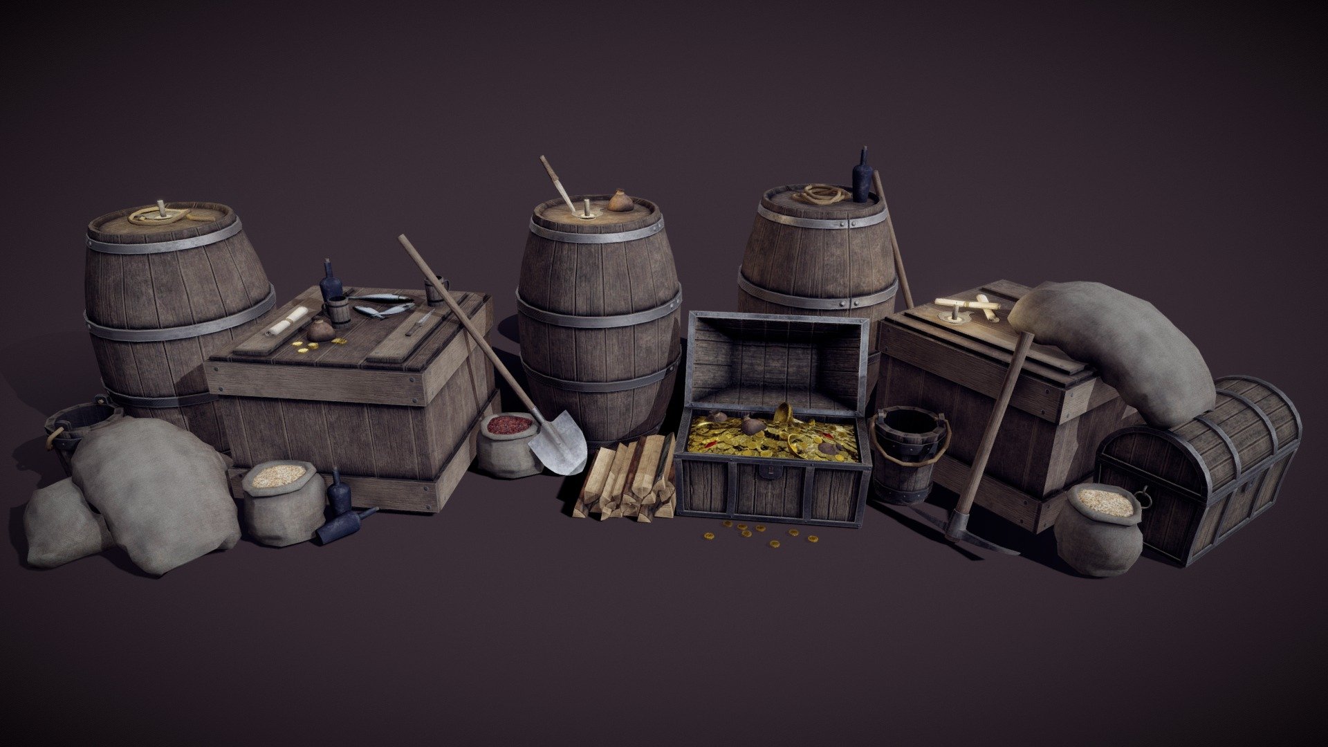 I present to you a medieval pack of models, can be used for different locations, suitable for first-person game, texture 4096x4096.
1 material.
Box
Barrel
Chest
Rope
Pickaxe
Shovel
Fish
Coins
Bag of coins
Bags
Groat bags
Knife
Bottle
Candlestick
Scroll
Bucket
Cup
Firewood
Golden Bowl
Golden Amulet - Medieval Props Pack - Buy Royalty Free 3D model by Ruslan Malovsky (@malovsky) 3d model