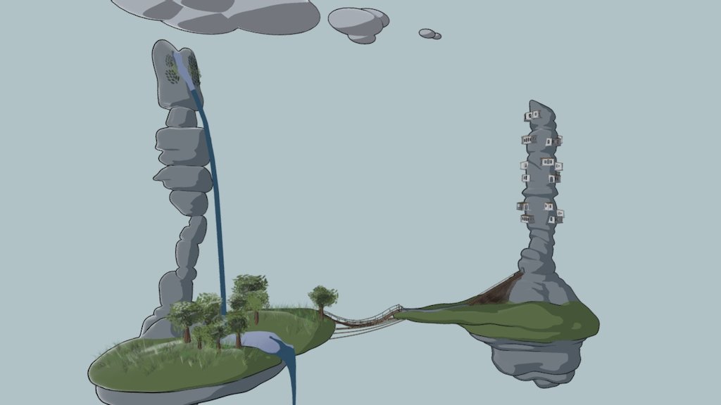The inspiration for this piece is from several different natural rock formations that I have seen previously, and wanted to incorperate that into a diorama of two islands which one is for the humans that have build around a rock formation, and the other for their resources, that they have build a bridge towards to keep the islands connected. 

The toon shading technique in Sketchfab does not allow for shadows to be cast, or the ability to remove the white shine effect on the models, therefore it does not appear as good as I hoped it would, but it still works nonetheless 3d model